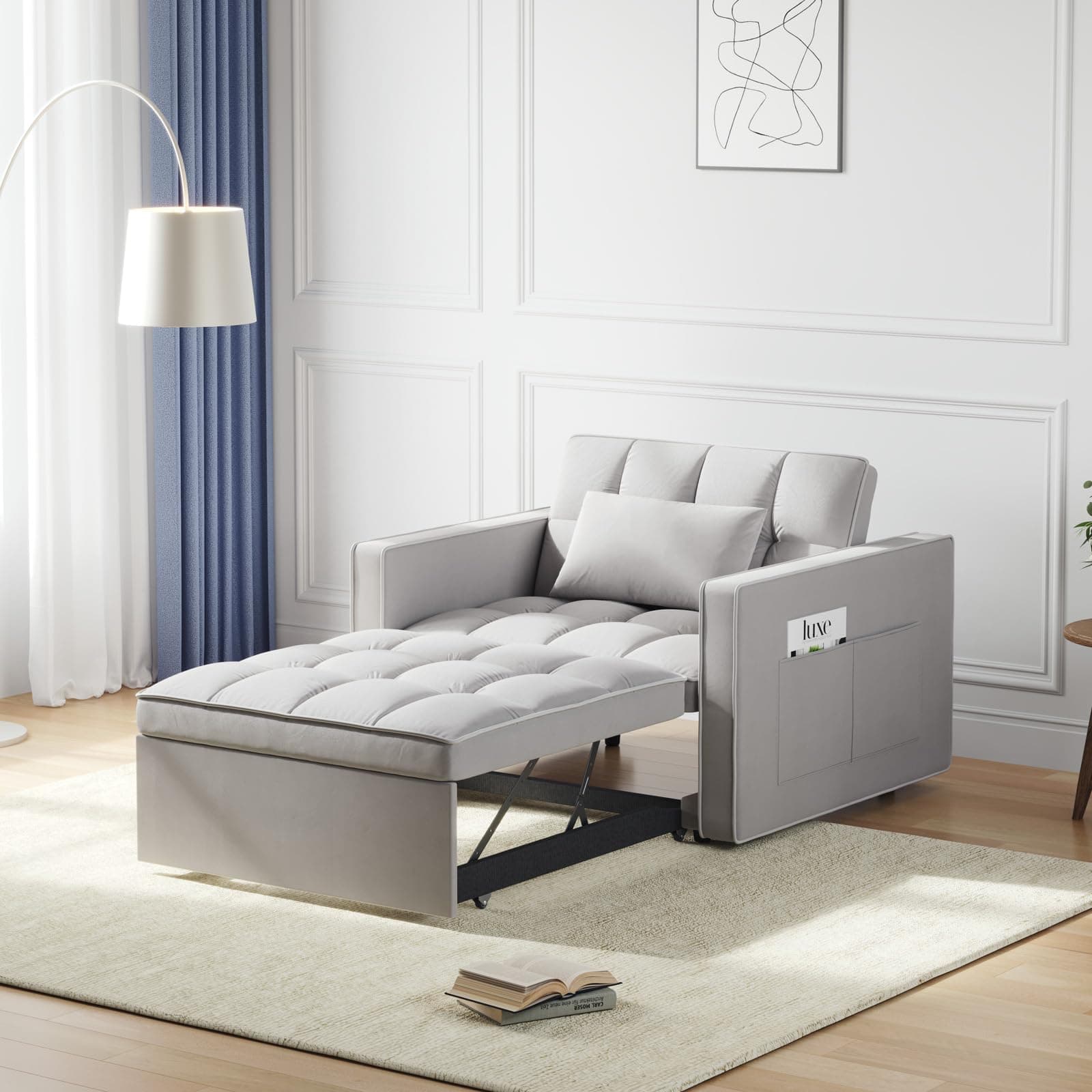 Avenco 3-in-1 Sleeper Sofa Chair Bed, 3-Level Adjust, Velvet Fabric, Grey