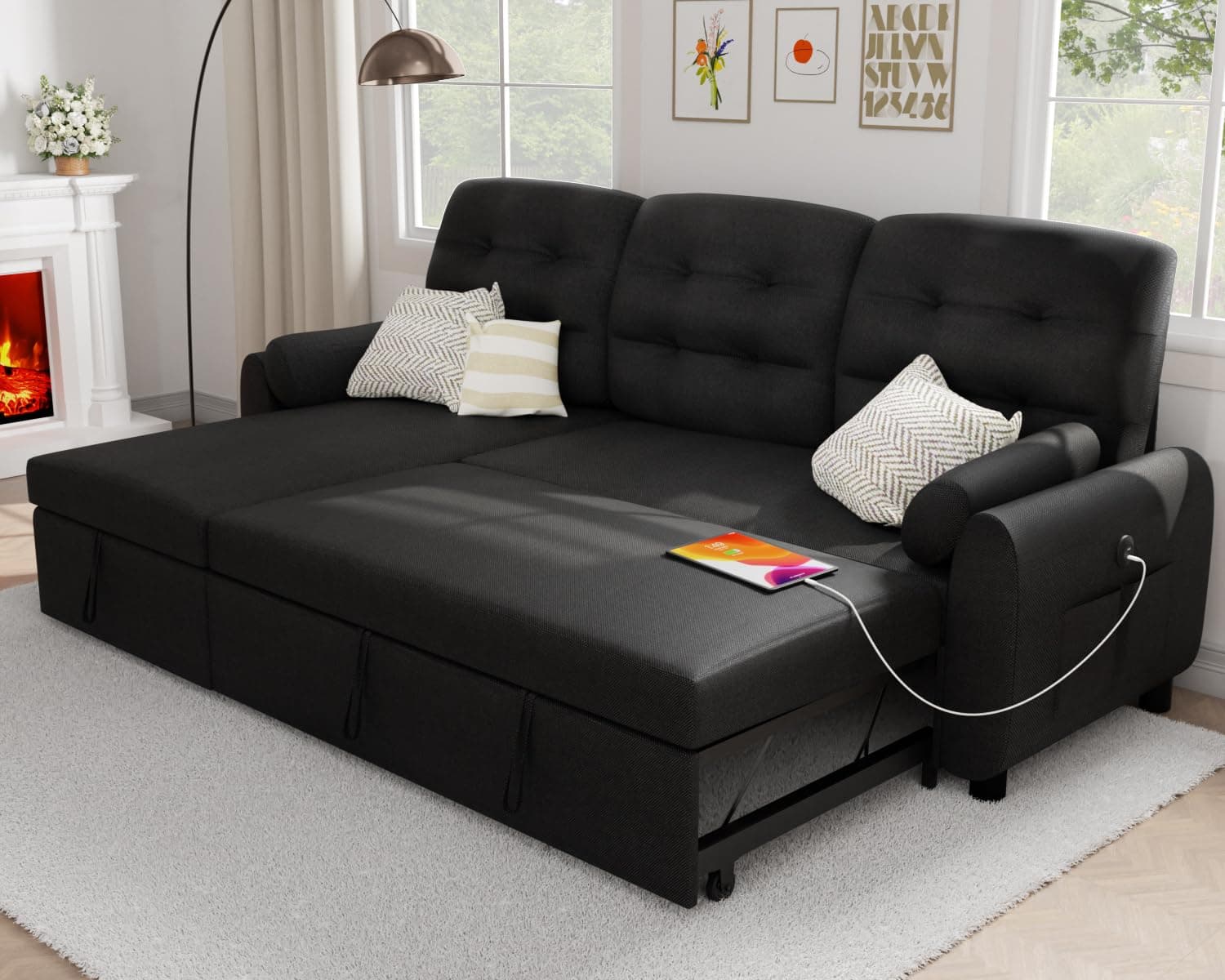 Ucloveria 87" Sleeper Sofa Bed with Reversible Chaise & Side Pocket | Black Linen Fabric