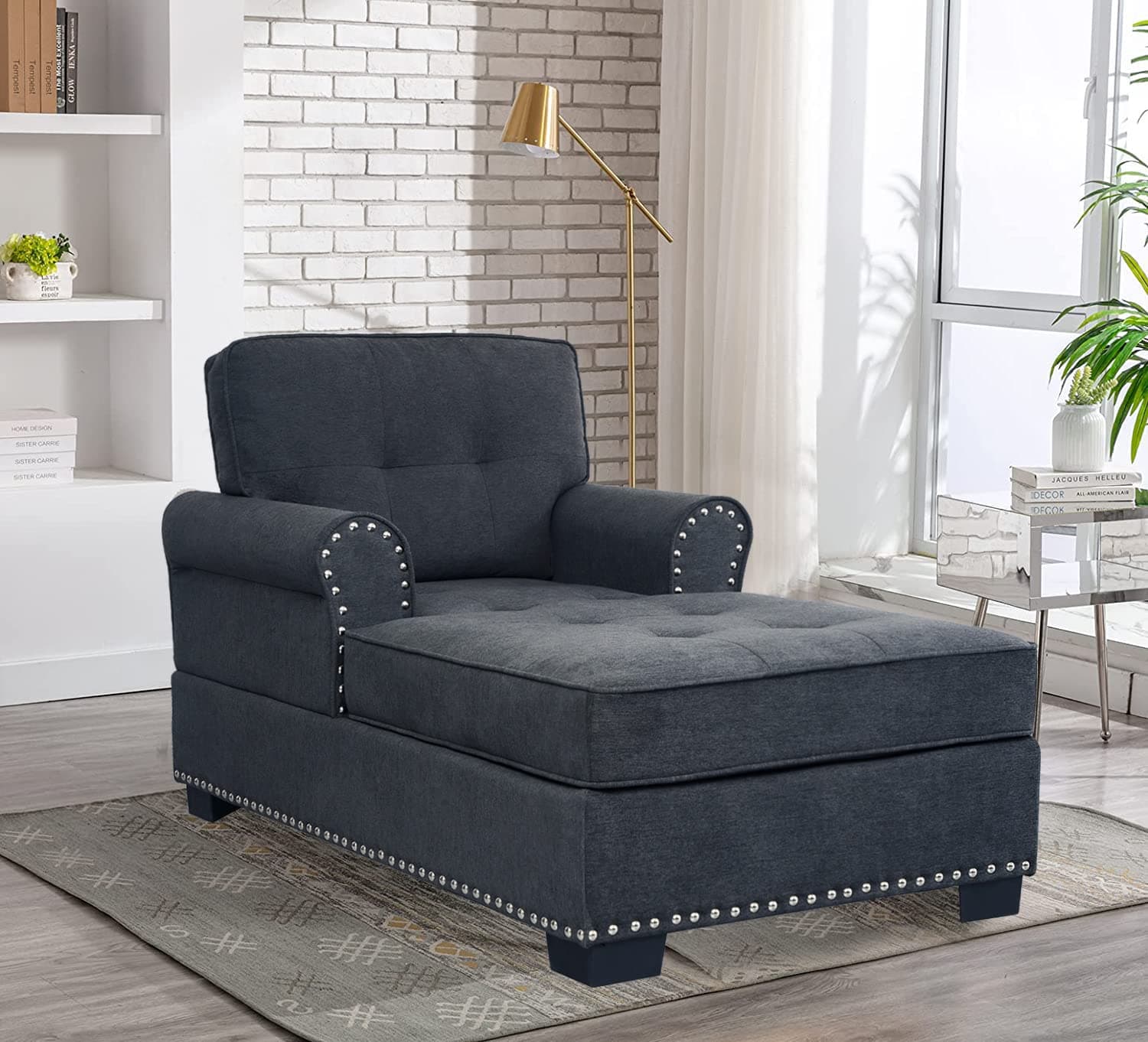 Oversized Velvet Gray Chaise Lounge Chair, 59", Tufted Armrest Sofa Bed