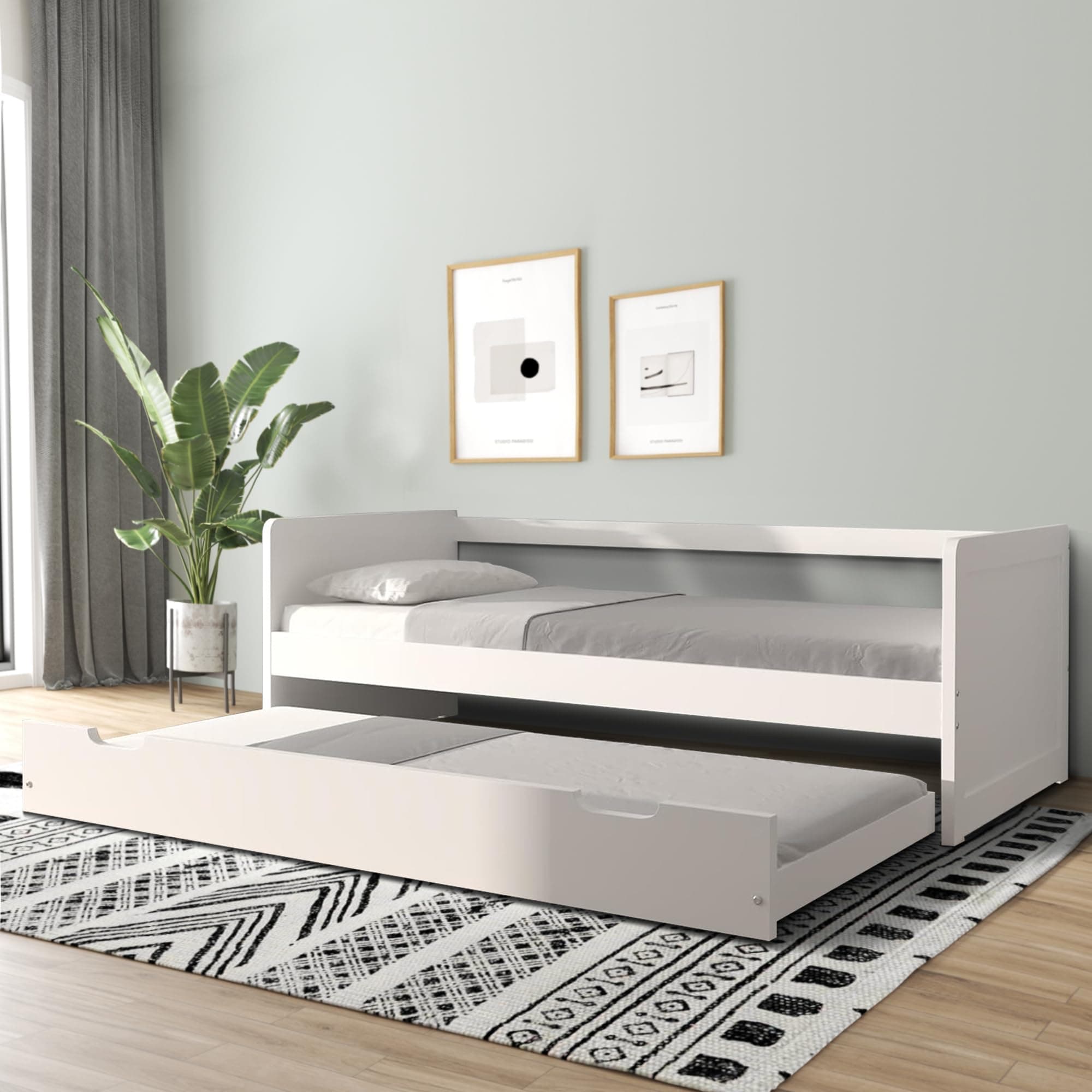 Modern Wood Daybed with Armrest and Trundle, White