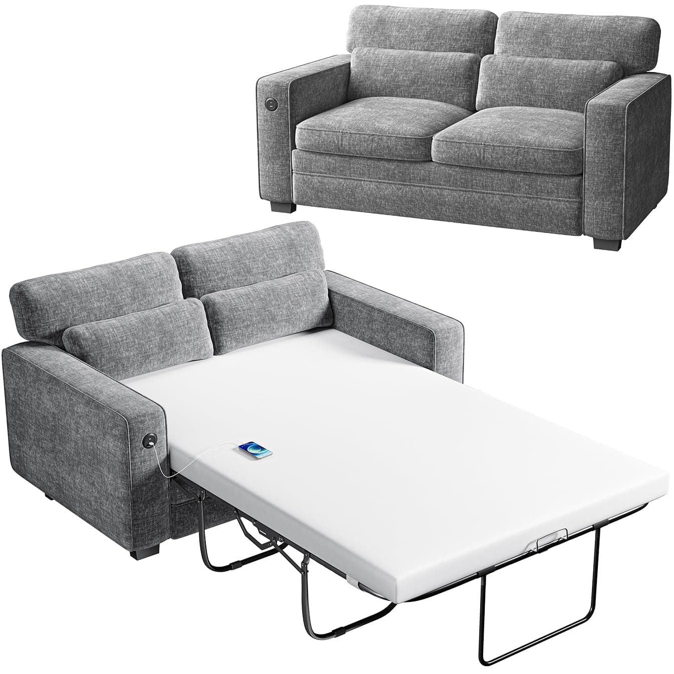 Marsail Full Size Pull Out Sofa Bed with Memory Foam, 2 USB, Grey Chenille Fabric