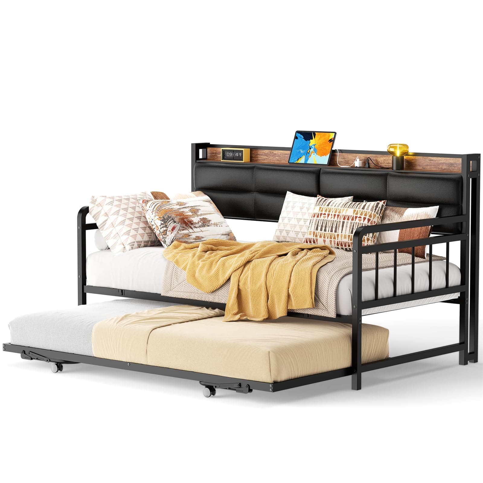 Homieasy Rustic Brown Twin Daybed with Trundle & Charging Station