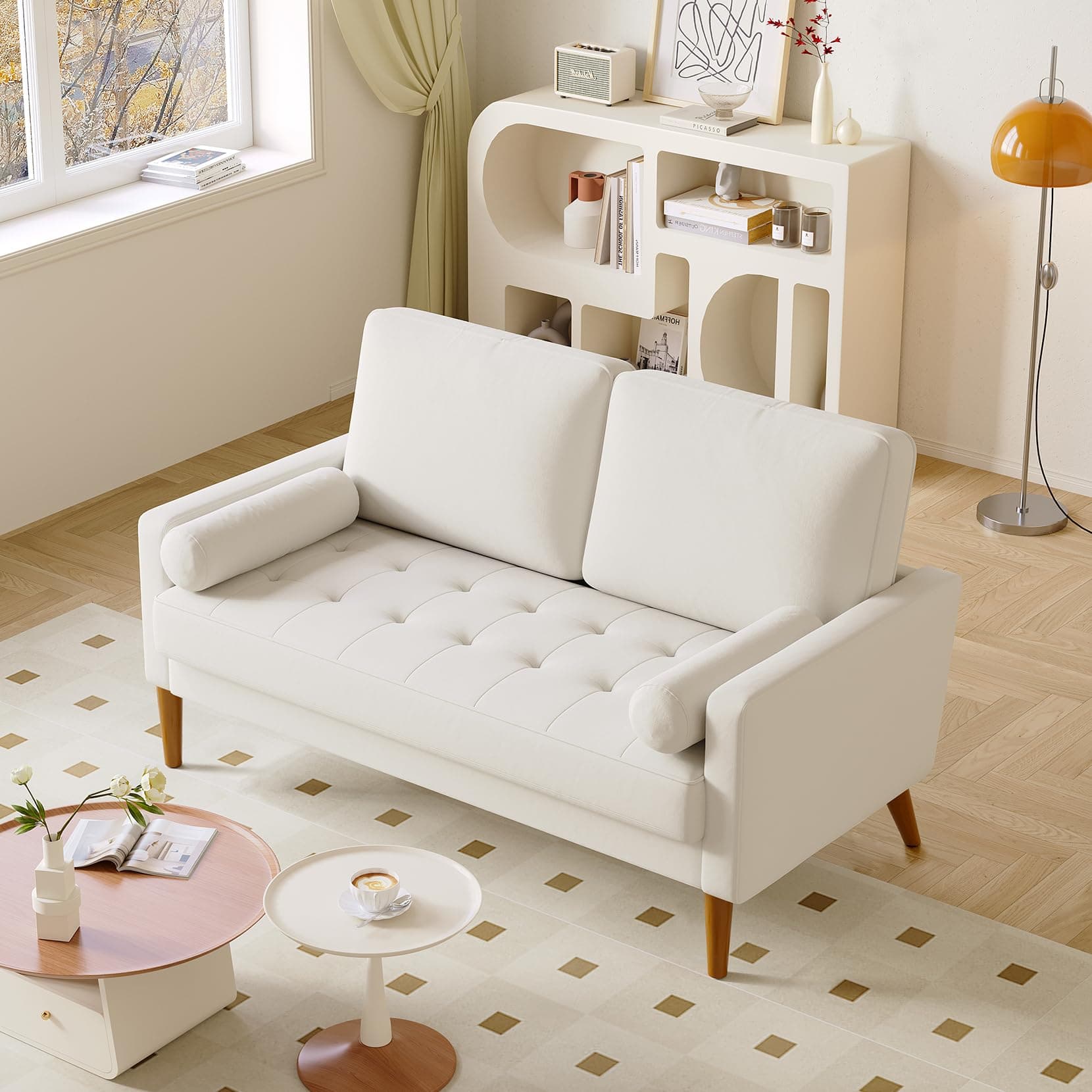 Mid Century Modern Beige Tufted Velvet Love Seat Sofa, 56" Comfy 2 Seater