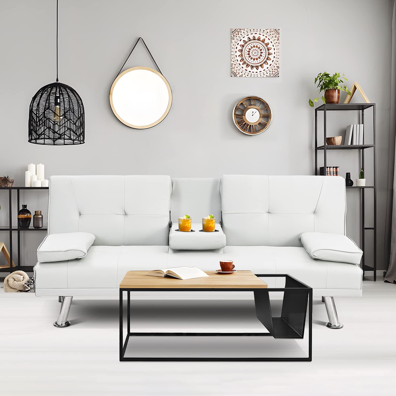 Modern Futon Sofa Bed with Adjustable Positions and Cup Holder - White