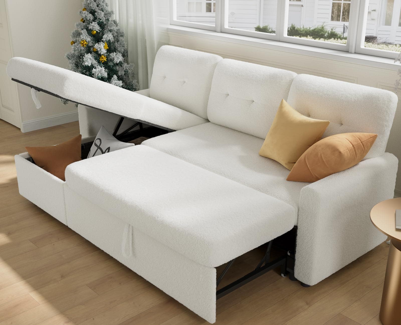 IULULU L-Shaped Boucle Sleeper Sofa with Pullout Bed and Chaise