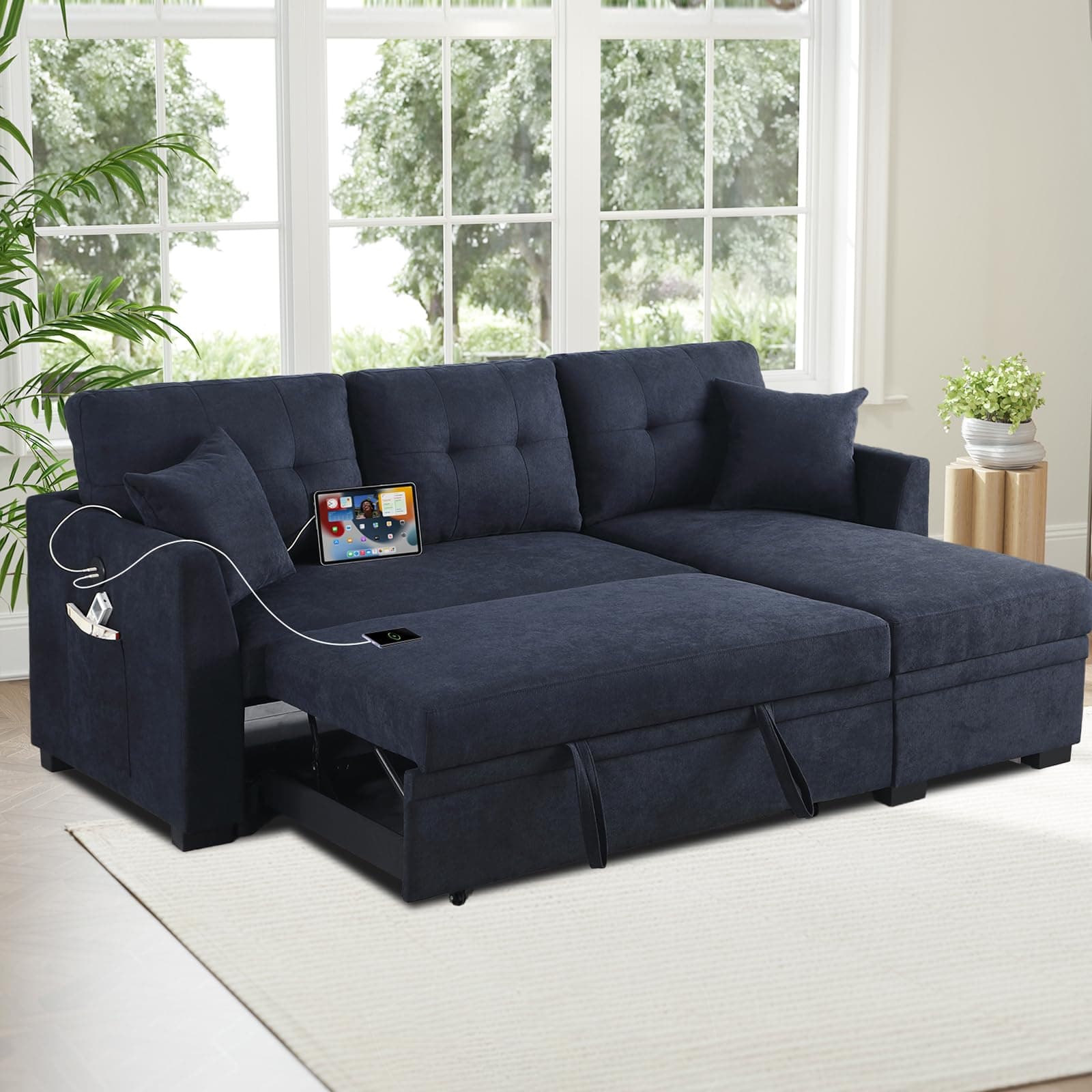 Ink Blue L-Shape Sofa with Storage & Pull-Out Bed USB Ports