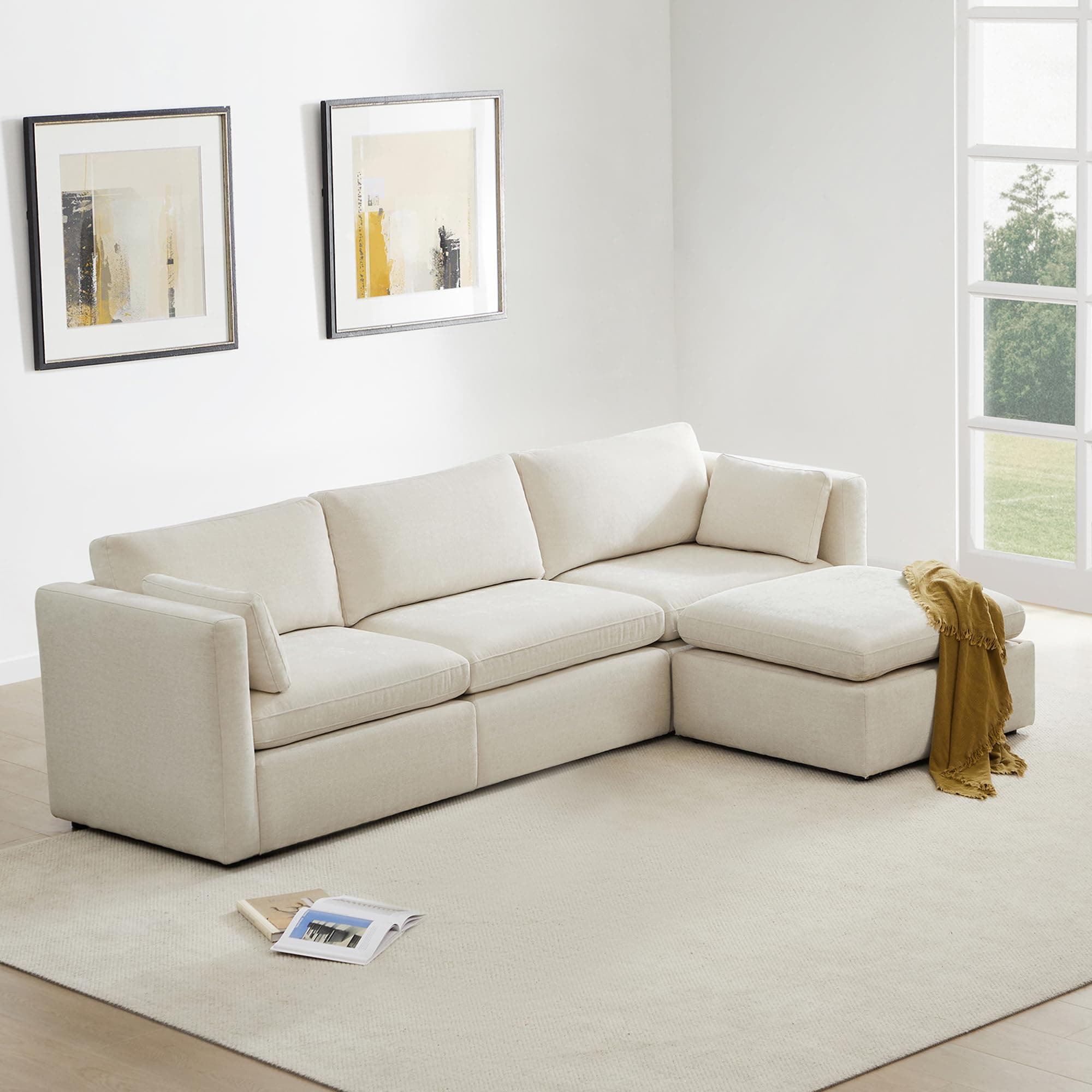 FSC Certified Chita L-Shaped Sofa, 112" Wide, 4 Seat Modular with Storage Ottoman, Linen