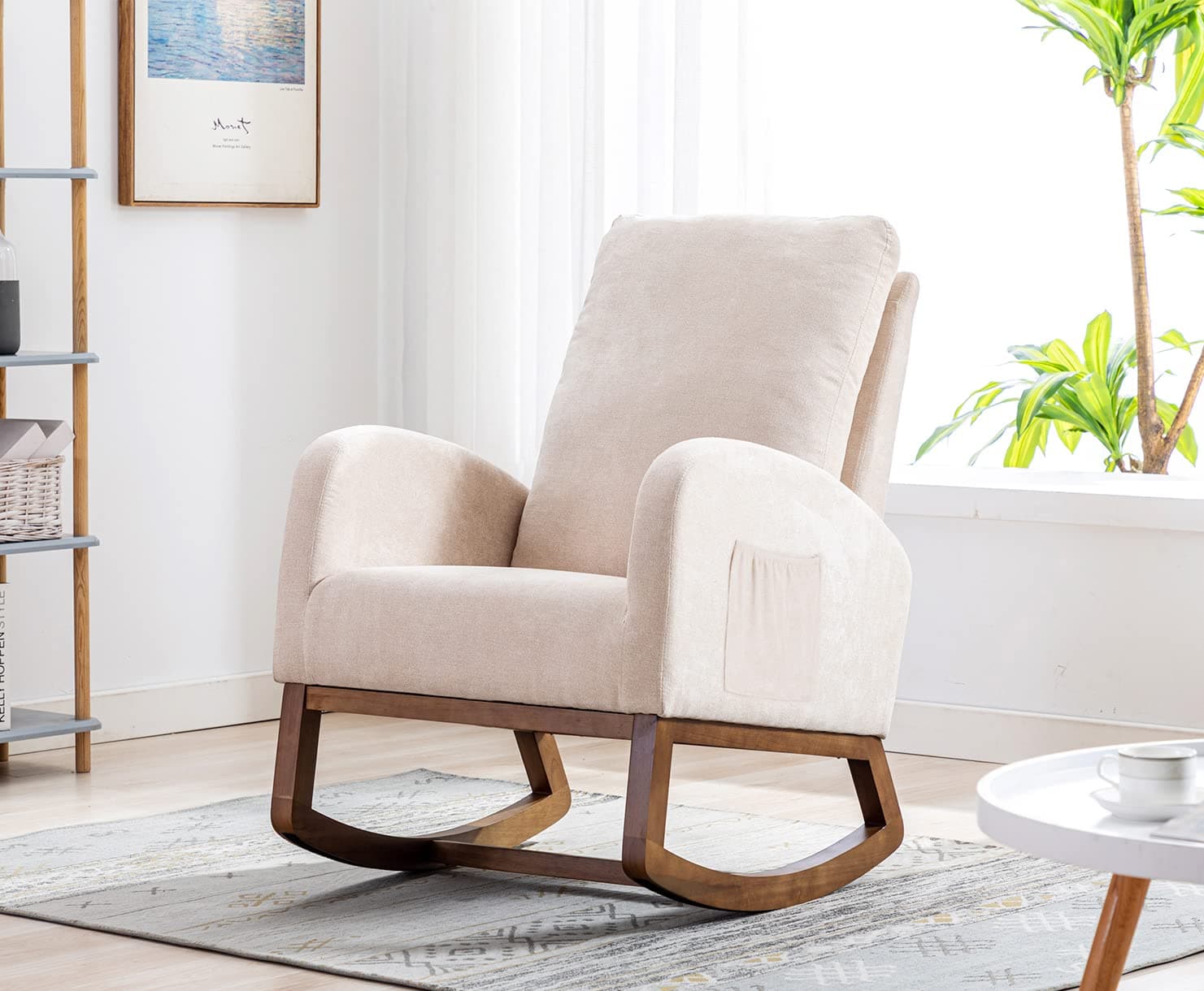 Modern Upholstered Rocking Chair for Nursery and Living Room (Beige)