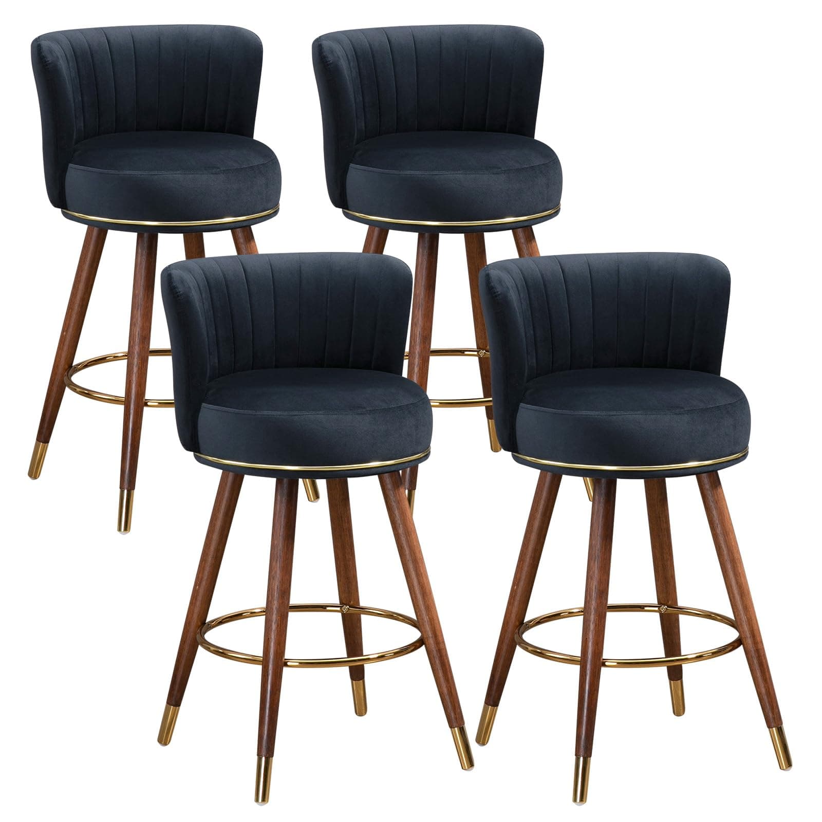 Mid Century Gold Ring Velvet Swivel Bar Stool Set (Black)