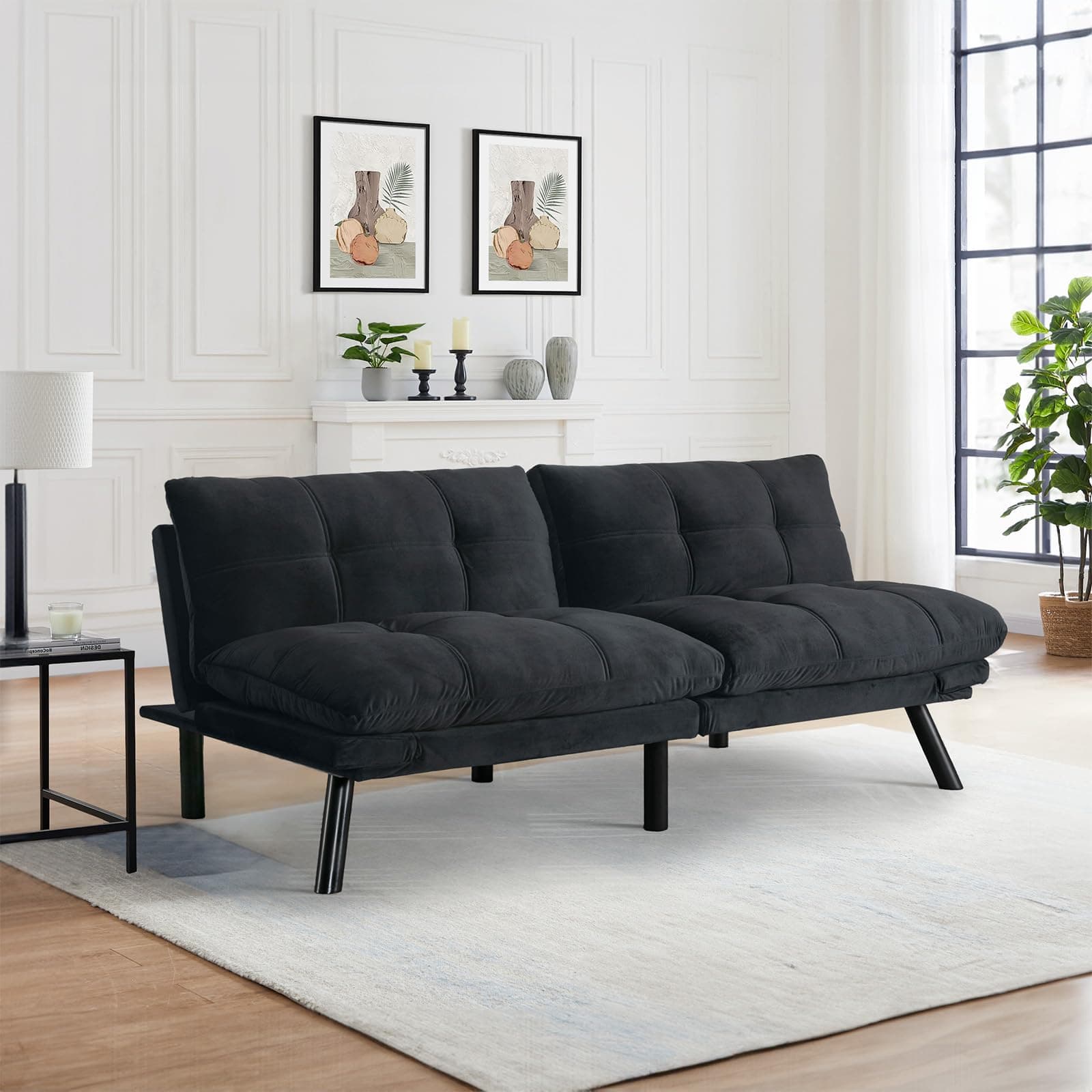 Thick Cushioned 72" L Velvet Futon Couch Bed, Deep Black Reclining Sofa