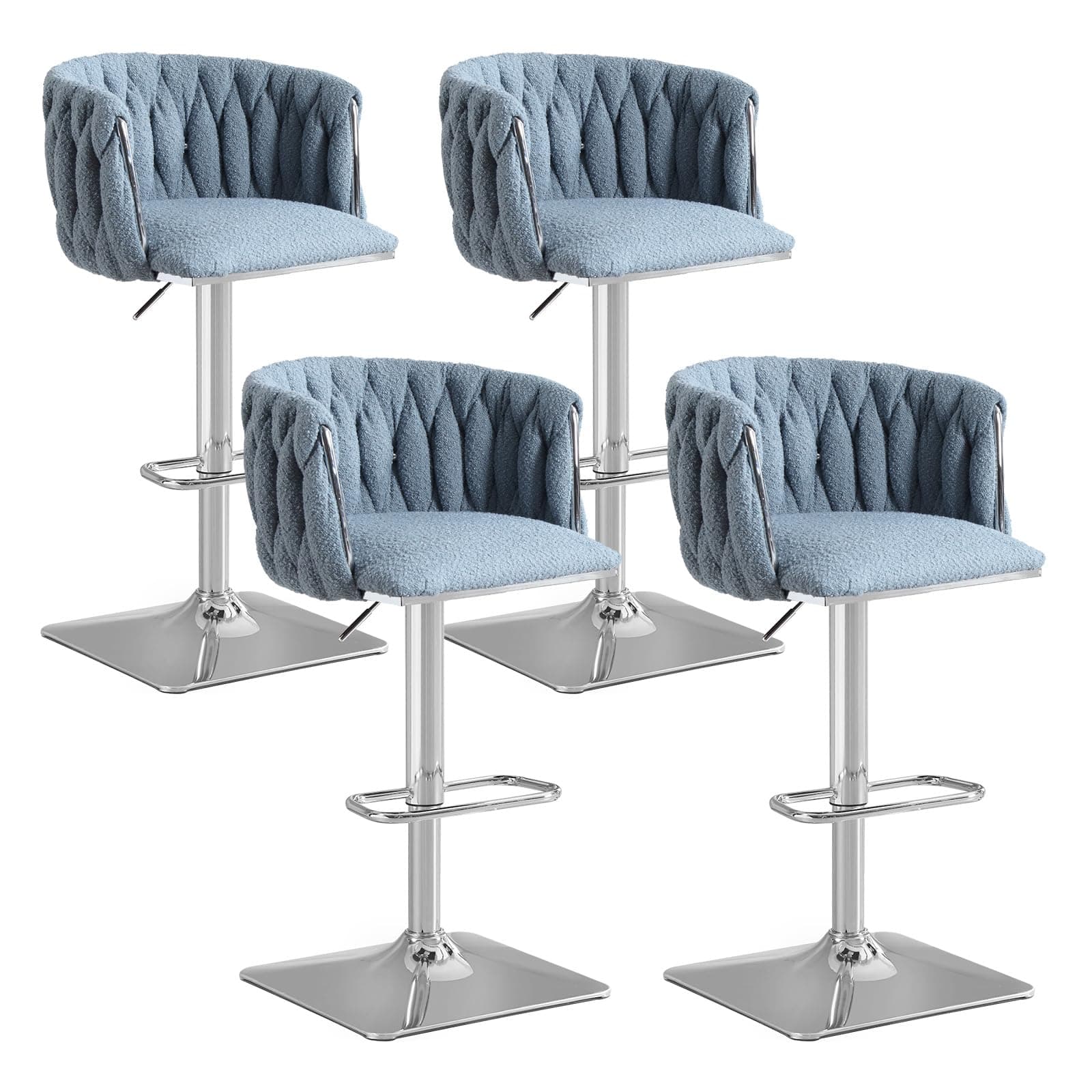 Antetek Modern Swivel Bar Stool Set, Adjustable Height, Woven Back, Silver Base, Blue Teddy
