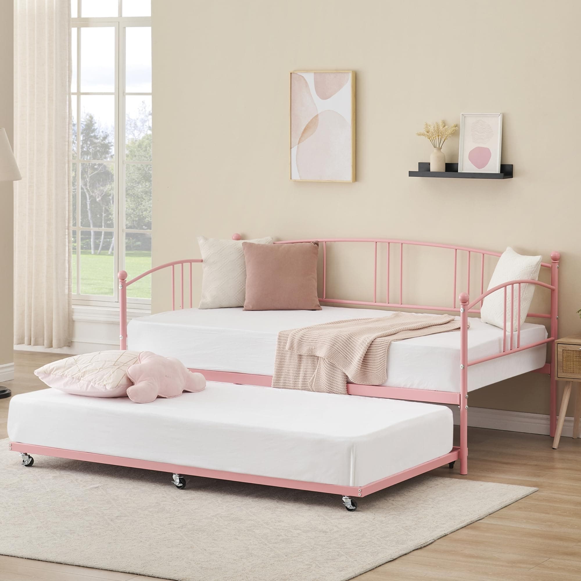 Pink Metal Twin Daybed with Trundle - No Box Spring Needed