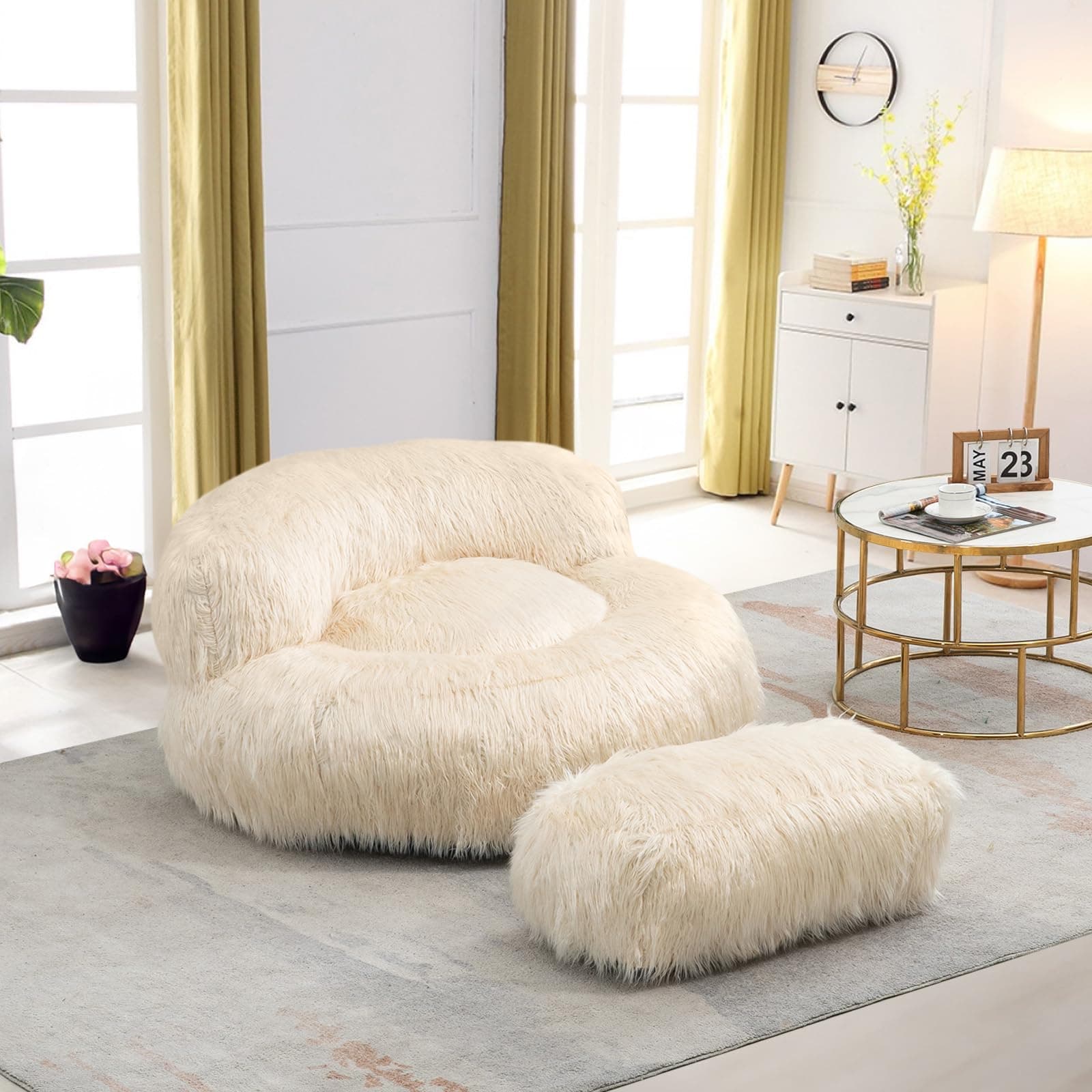 Modern Fluffy Bean Bag Chair with Ottoman, Beige