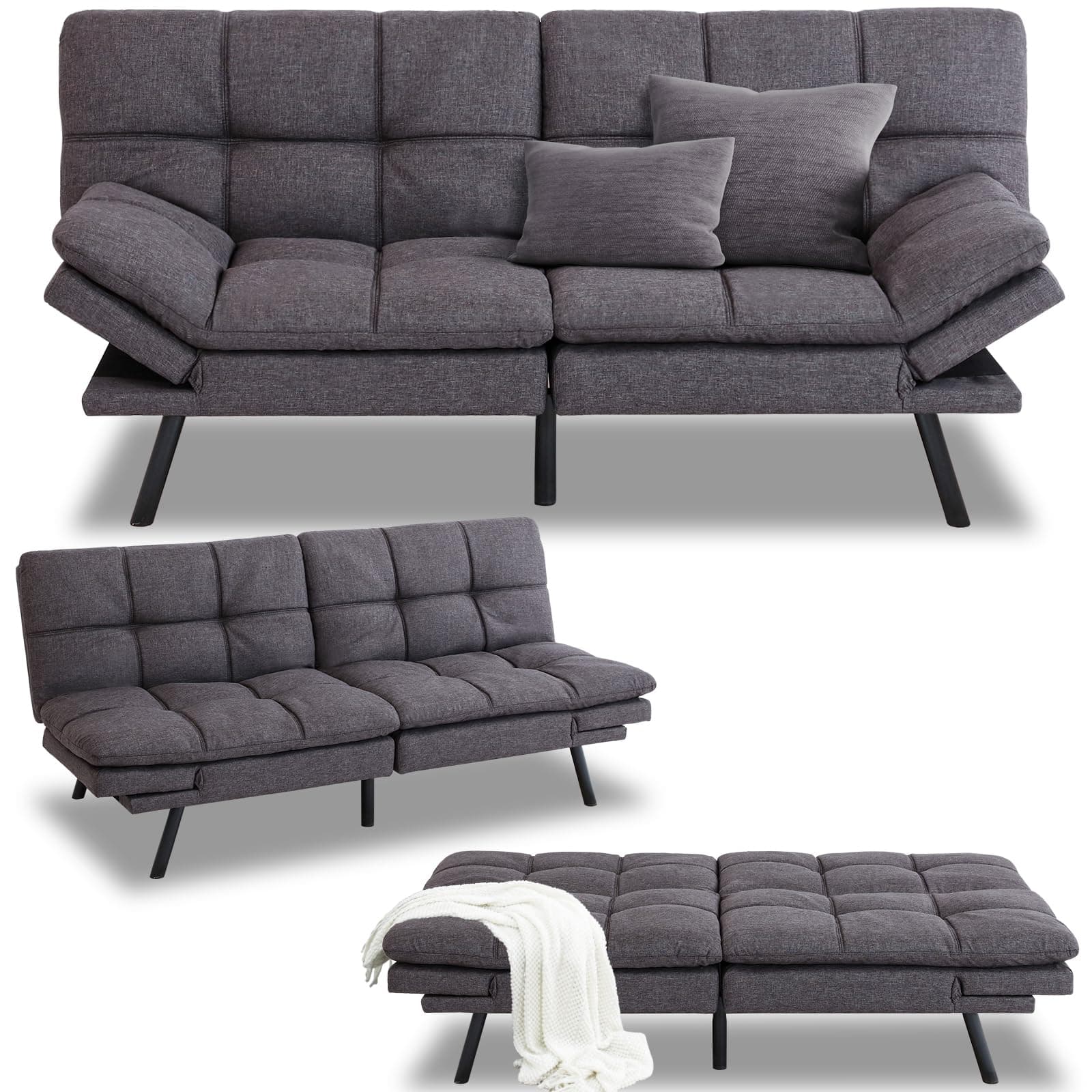 Maxspeed Memory Foam Futon Sofa Bed, Grey Convertible Loveseat