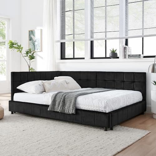 Antetek Black Full Size Daybed, Tufted Velvet Sofa Bed Frame