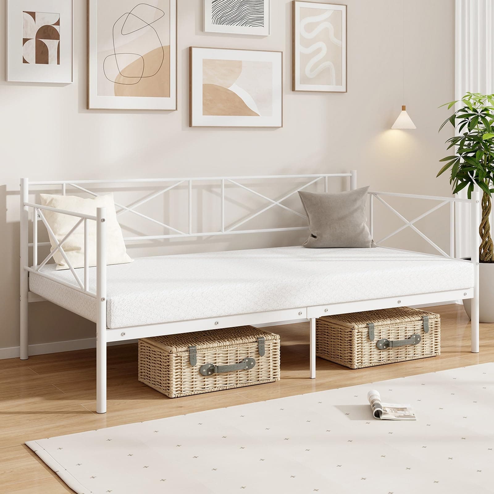 Giantex Twin Size Metal Daybed with Headboard & Slat Support (White)