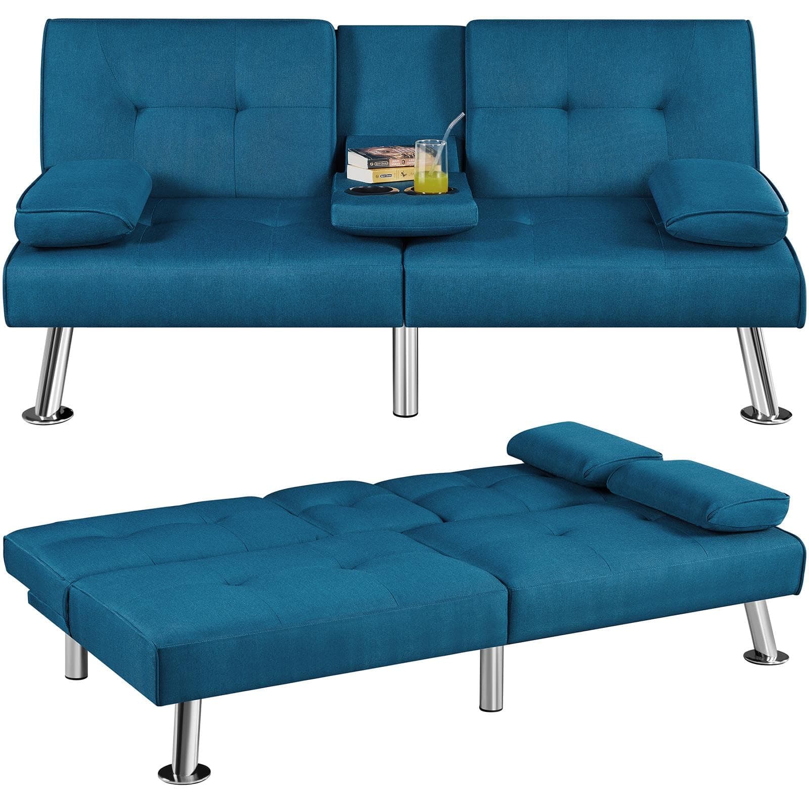 Yaheetech Aqua Blue Reversible Folding Sofa Bed with Removable Armrests