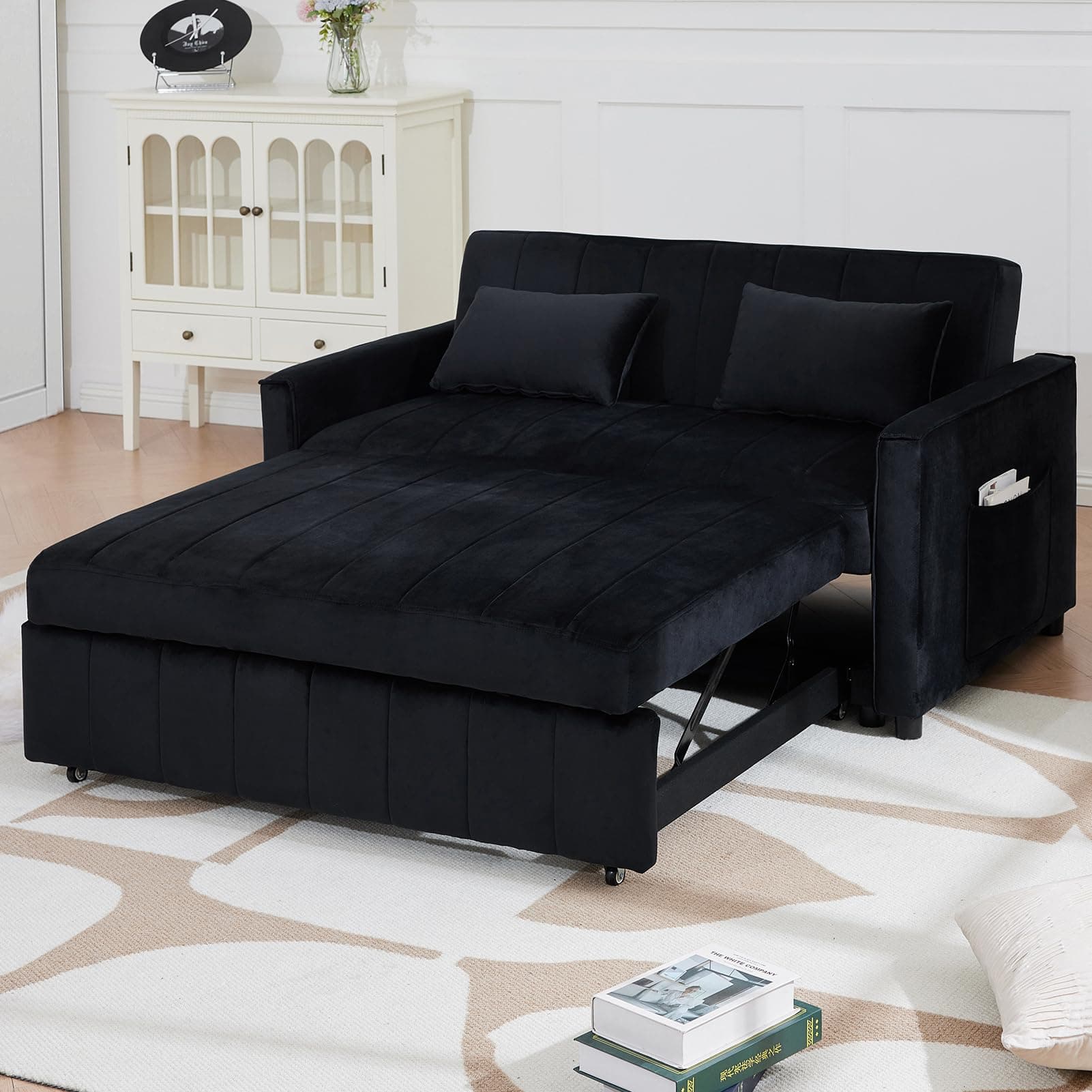 Modern 55.51" Futon Sofa Bed with Pullout Bed & Adjustable Backrest (Black)