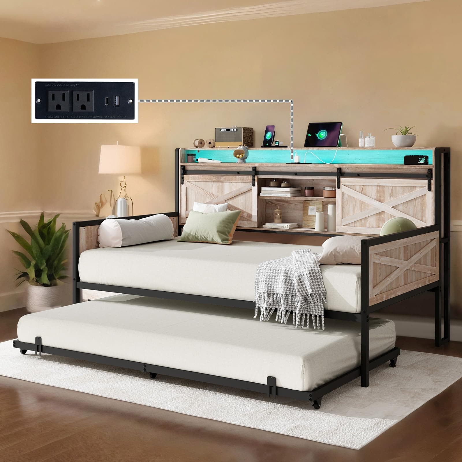 Rustic White Farmhouse Daybed with Trundle, Sliding Barn Door & Charging Station