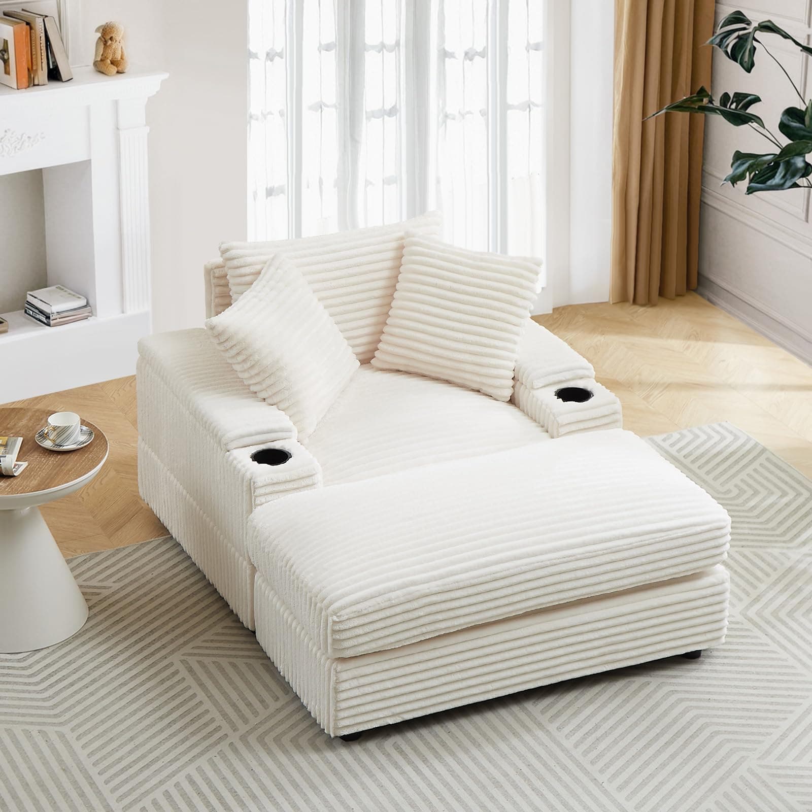 Modern 43-inch Oversized Corduroy Chaise Lounge Chair with Cup Holders, Ottoman, and Storage for Living Room or Bedroom, Beige