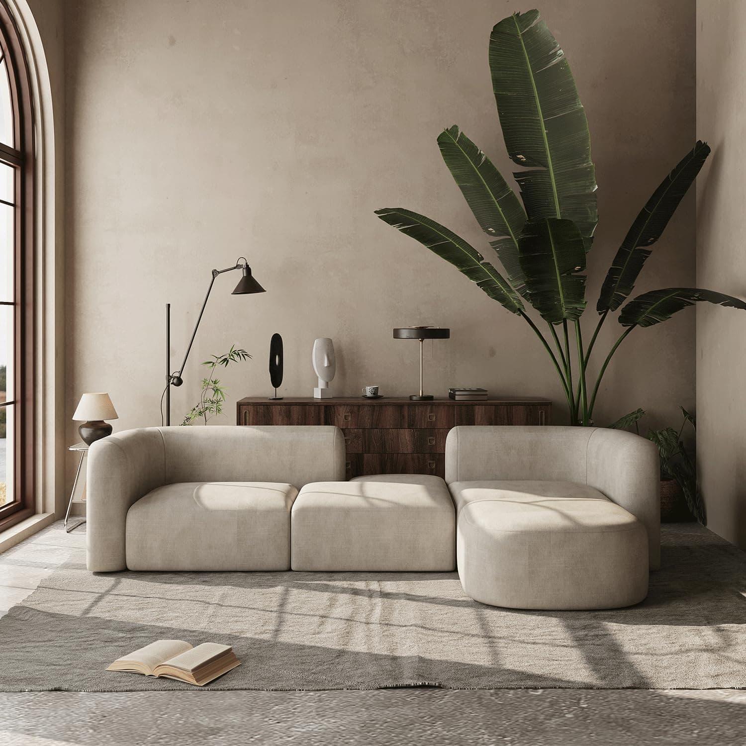Acanva Luxury Modern Cream 4 Seater Sectional Sofa
