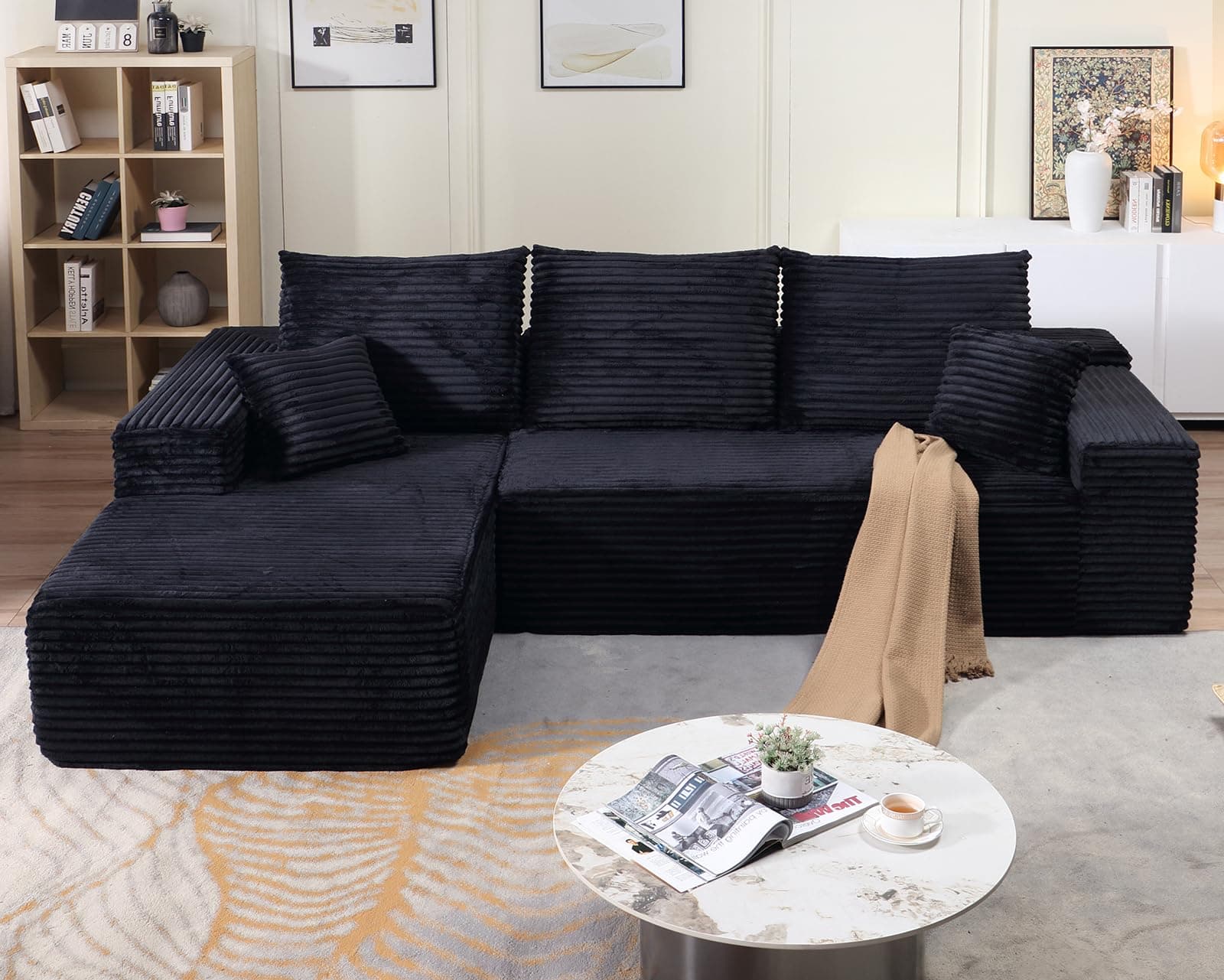 107" Modular Left Chaise Sectional Sofa, Modern Cloud Cushion, Black, No Assembly Required