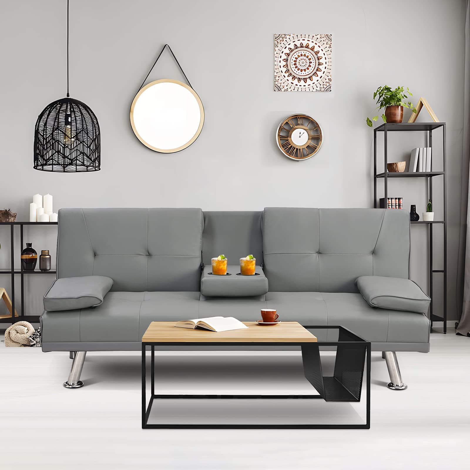 Antetek Modern Convertible Faux Leather Futon Sofa Bed with Cup Holder – Grey