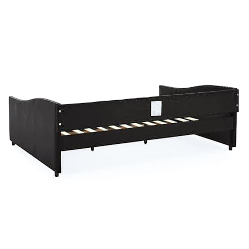 Queen Size Wood Daybed with Drawers and Linen Upholstered Sofa Bed