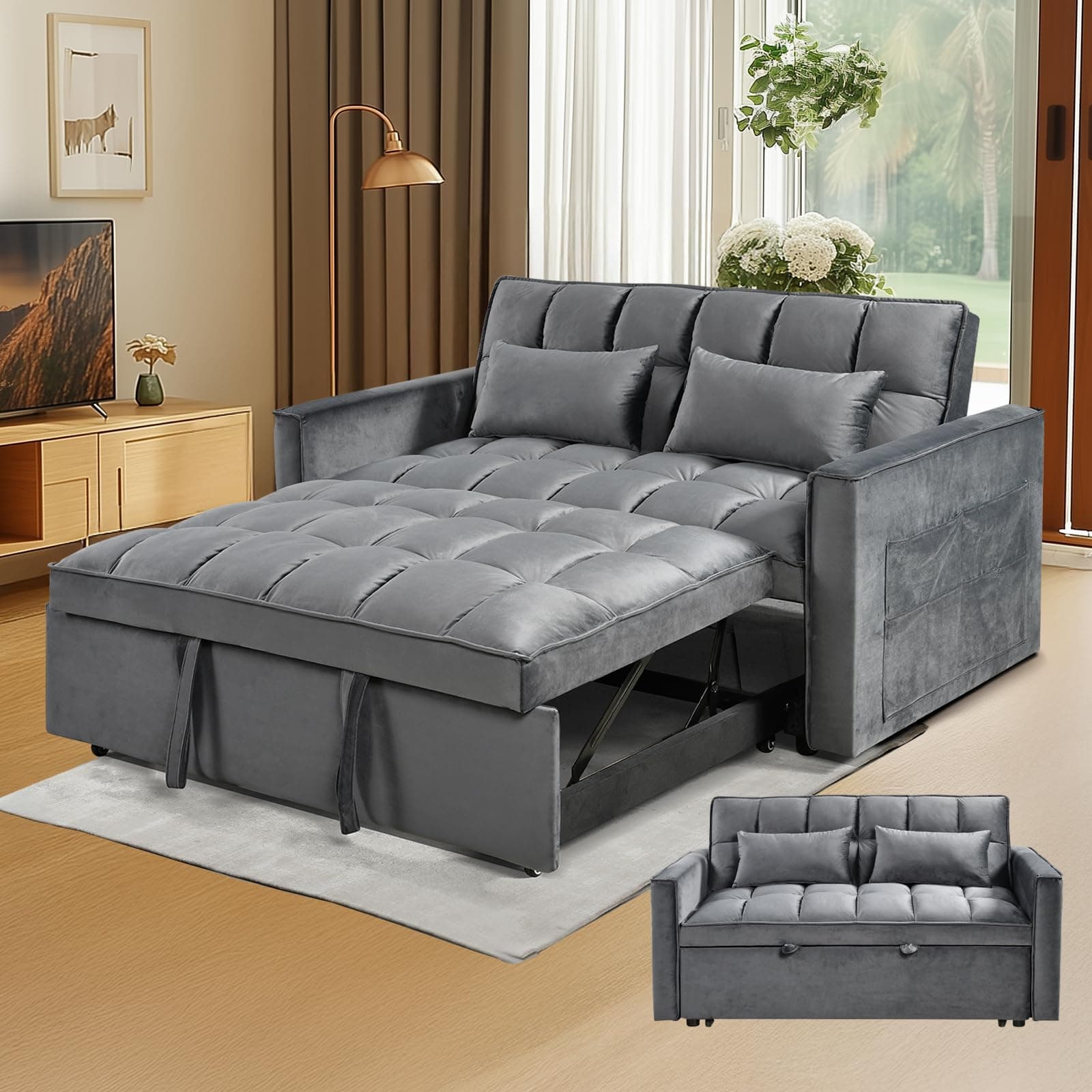 Grey 3-in-1 Convertible Velvet Bed Sofa, Pull-out Lounger with Reclining Backrest (55.1")