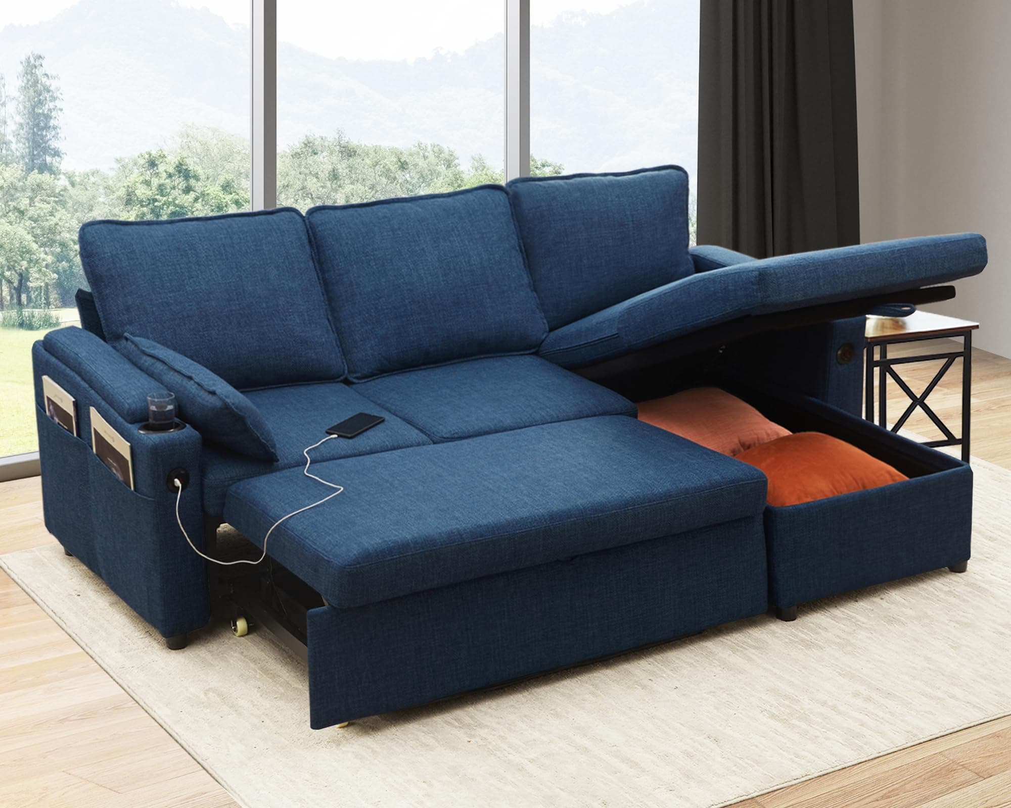 Blue Sectional Sleeper Sofa Bed with Storage, USB, and Cup Holders for Apartment Living Room