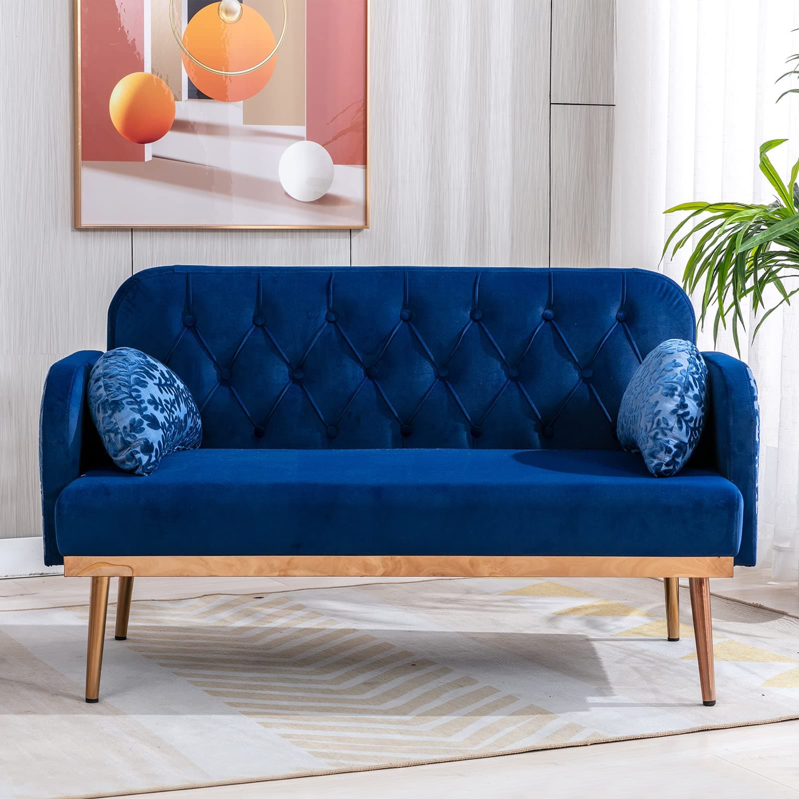 Elegant 55-inch Velvet Sofa with Moon Pillows, Navy Blue, 600 lbs Capacity