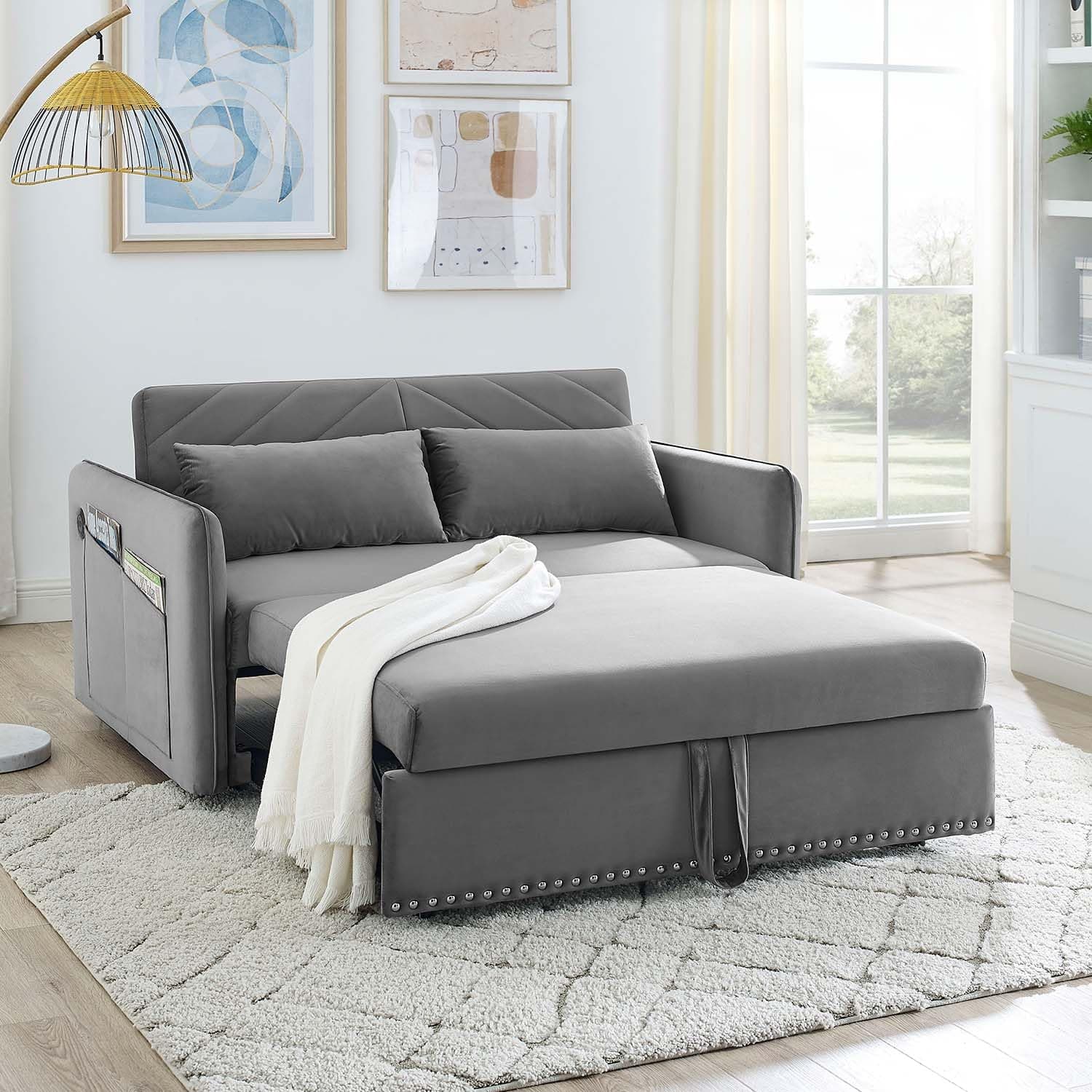 Modern Velvet Sleeper Sofa Bed with USB Port for Small Spaces in Grey