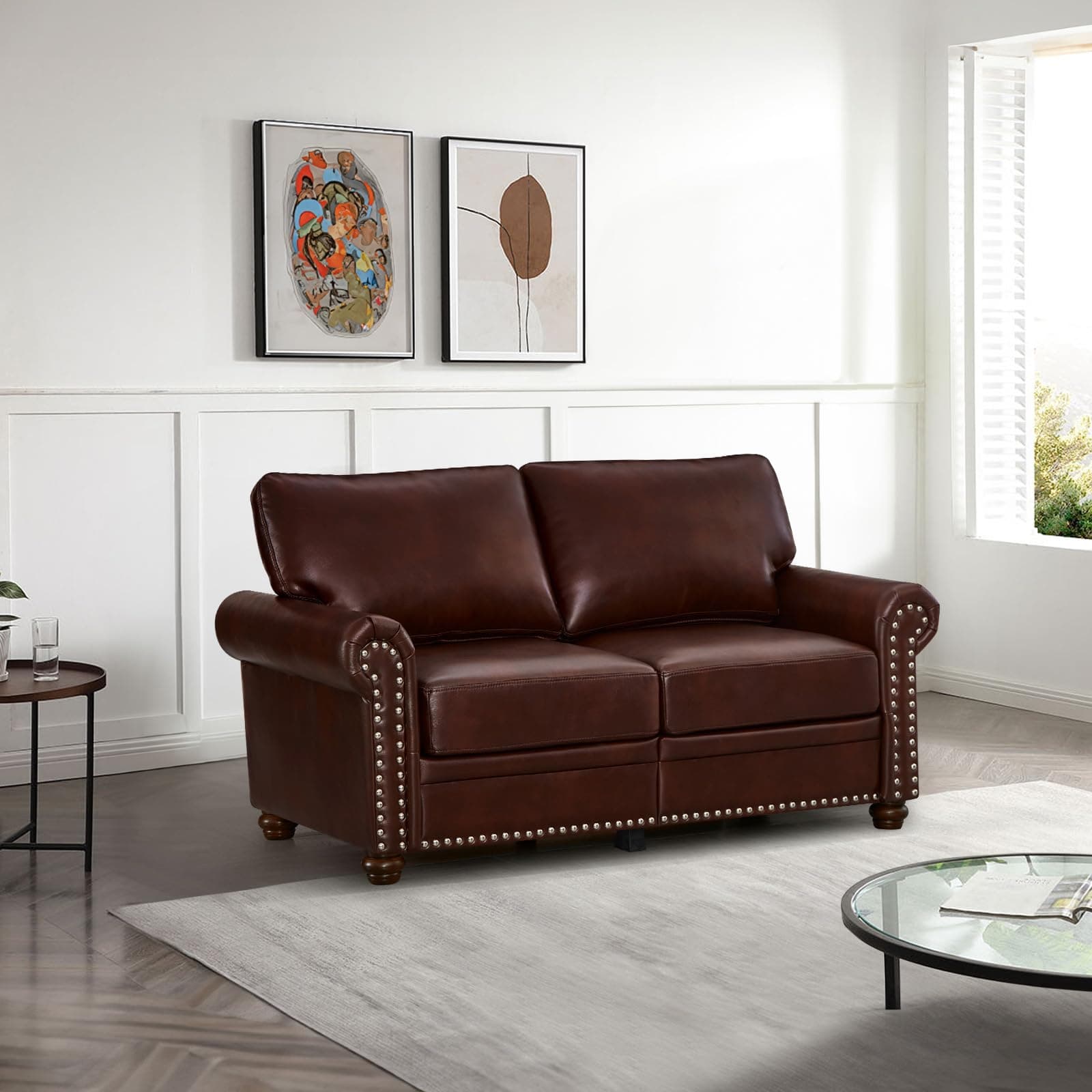 Comfy PU Leather Sofa with Storage Space & Solid Bun Feet, Small Modern Loveseat for Living Room Small Space, Bedroom, Red Brown