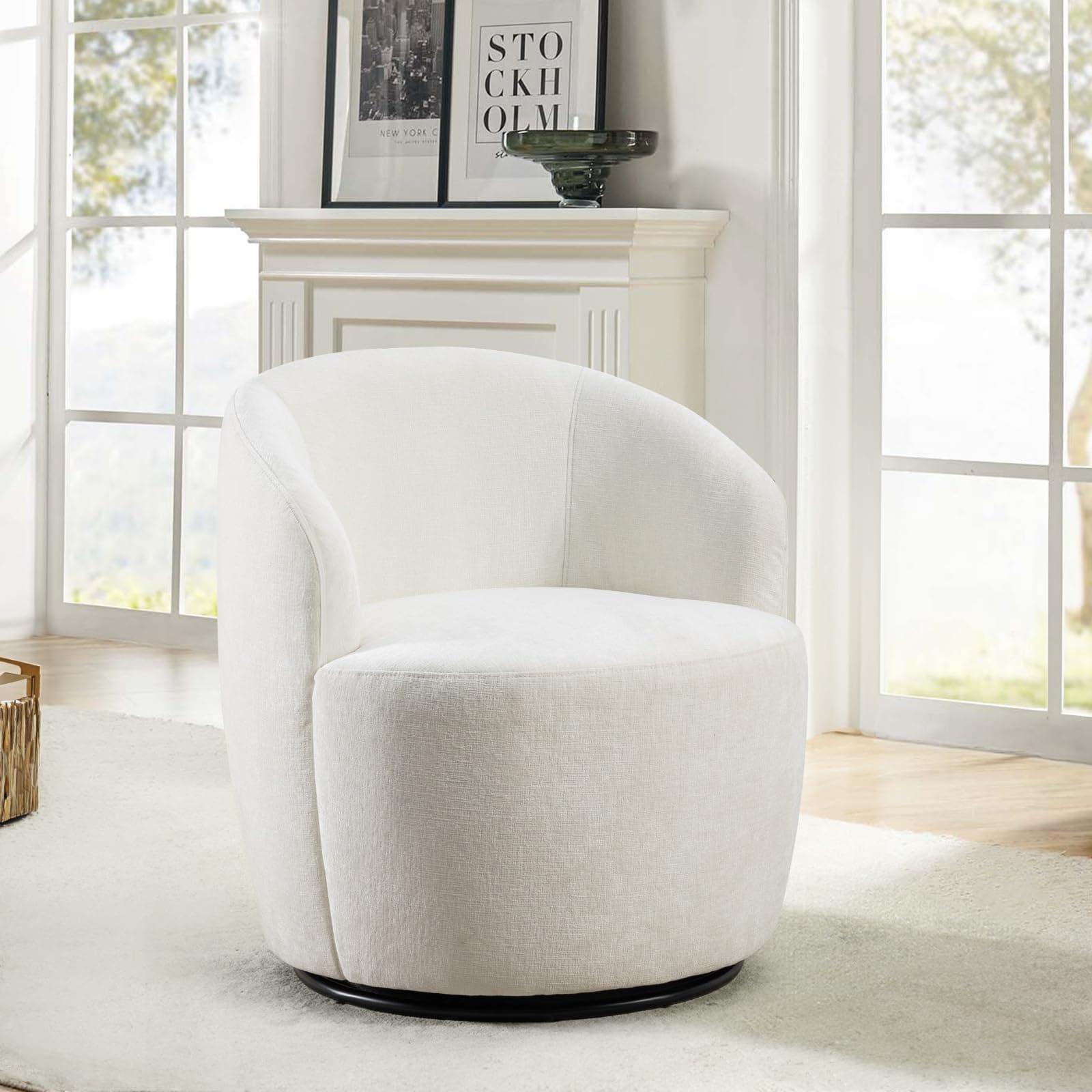 Antetek Ivory Chenille Swivel Chair, 360° Rotational Living Room Chair