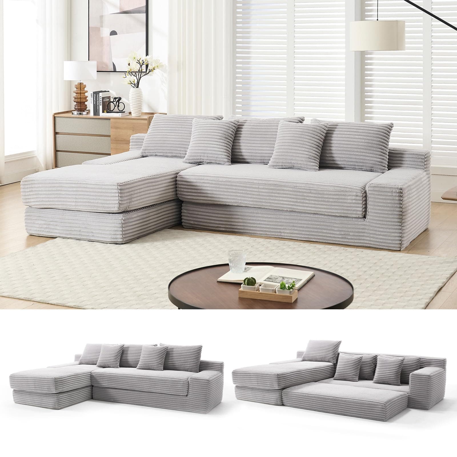 Grey 104-inch Cloud L-Shaped Foldable 3-Seater Couch Bed, Compressed Foam, Corner Lounge for Living Room