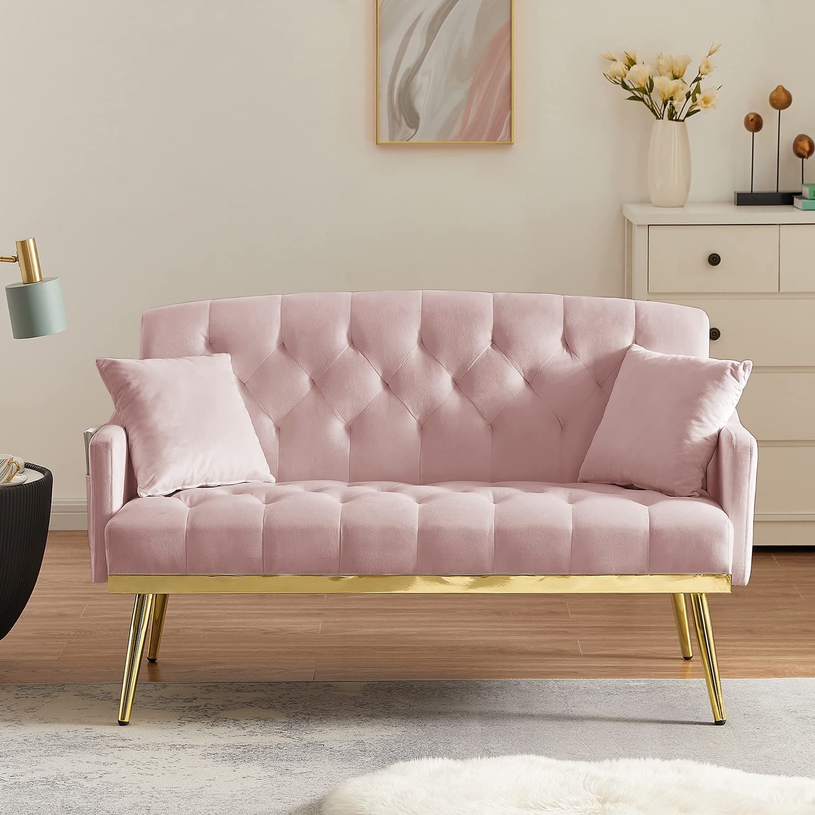 Antetek Velvet Loveseat with Side Pocket and Golden Legs, Pink