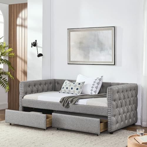 Linen Upholstered Twin Daybed with Storage and USB Port,Dark Grey