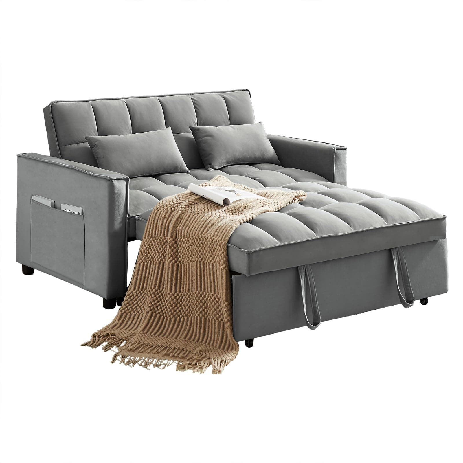 Antetek 3-in-1 Velvet Sleeper Sofa Bed, Grey, 54"