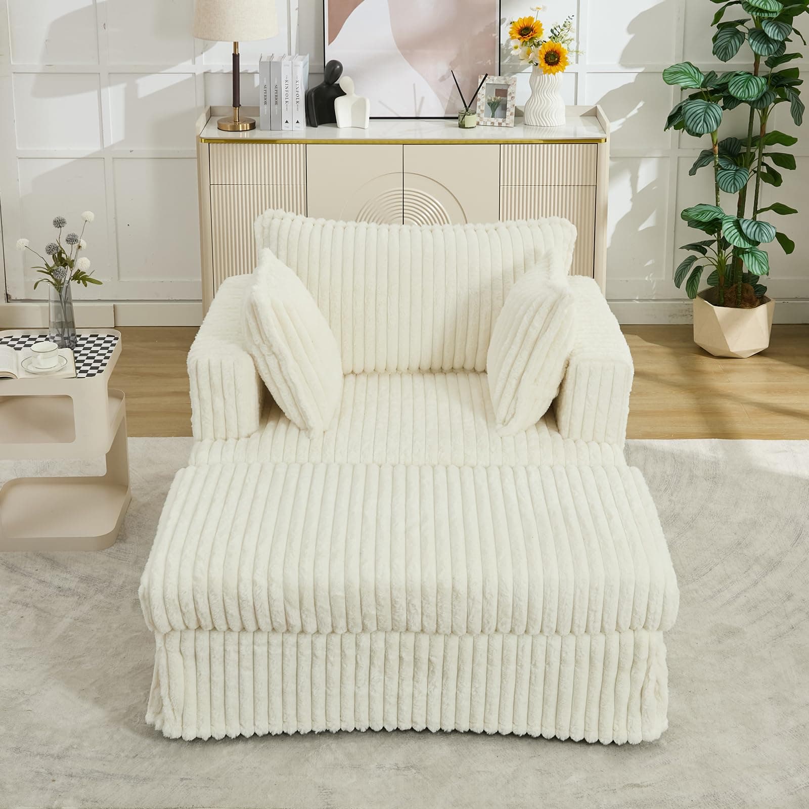 Oversized Beige Chaise Lounge Chair with Ottoman and Throw Pillows