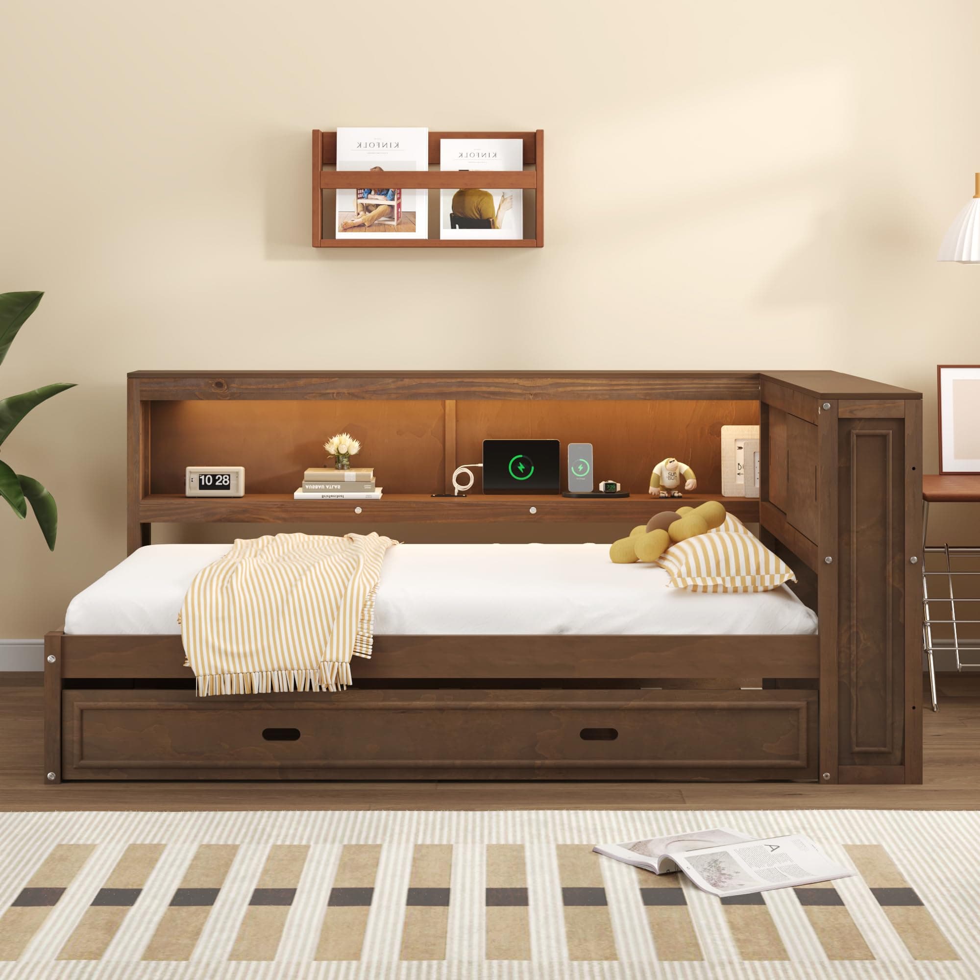 Full Size L-Shaped Floor Bed with Storage, Charging Station, & LED Headboard