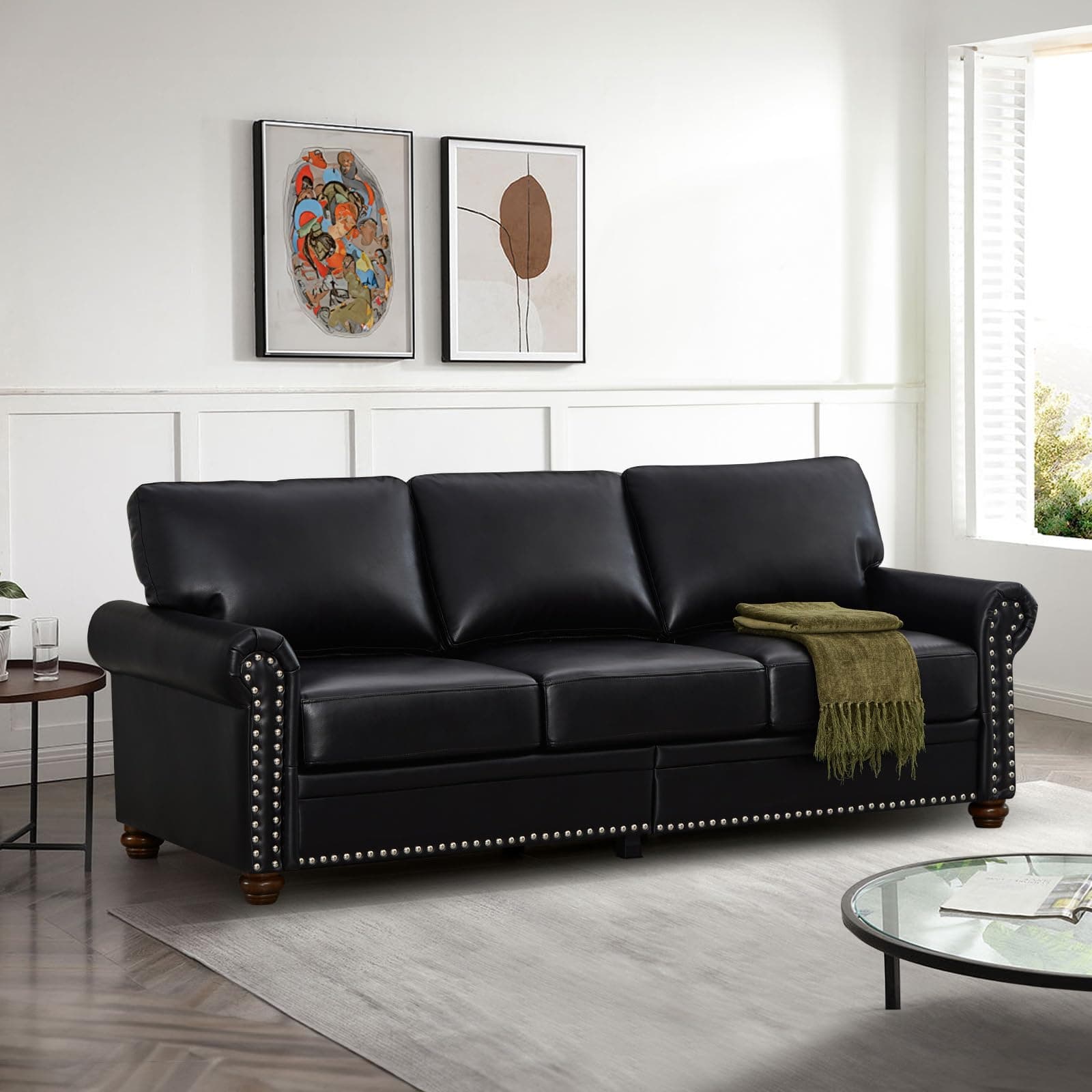 Antetek Mid-Century Modern PU Leather Love Seat with Storage & Bun Feet, Black