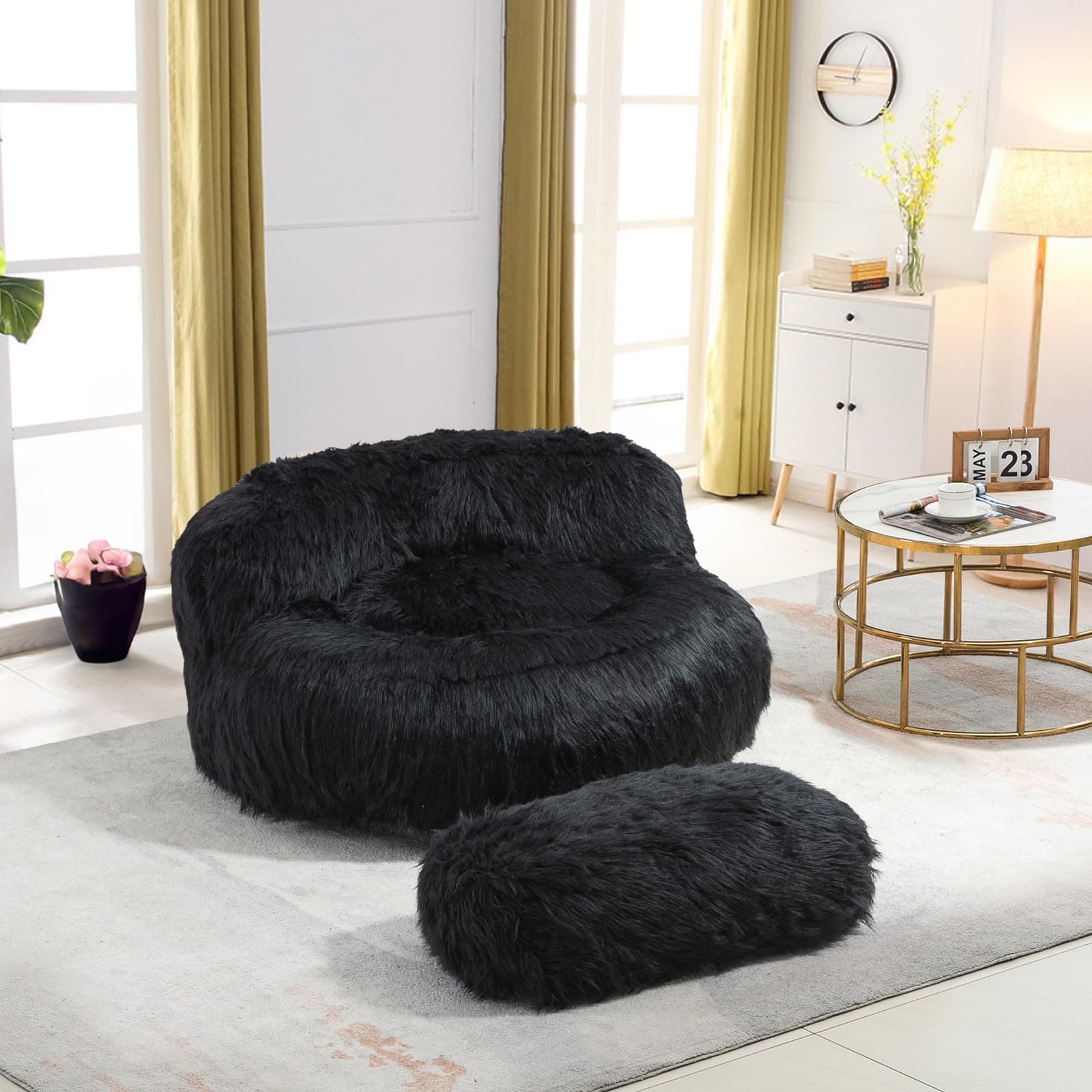 Modern Fluffy Beanbag Chair with Ottoman for Adults and Kids, Black