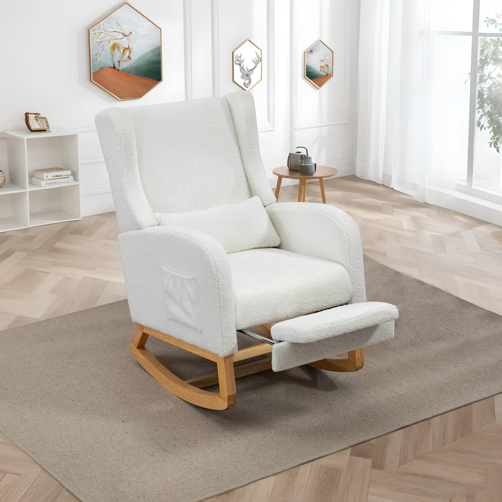 Ivory Comfortable Rocking Chair with Foot Rest for Nursery and Relaxing