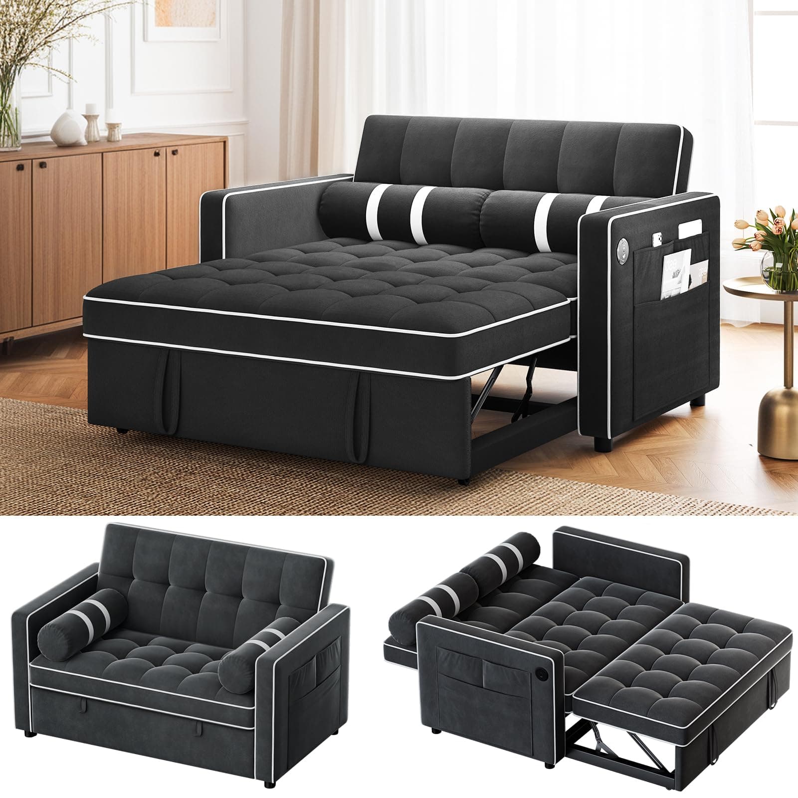 Amada 3-in-1 Convertible Sleeper Sofa Bed, Black | Futon Couch with USB Ports & Velvet Fabric