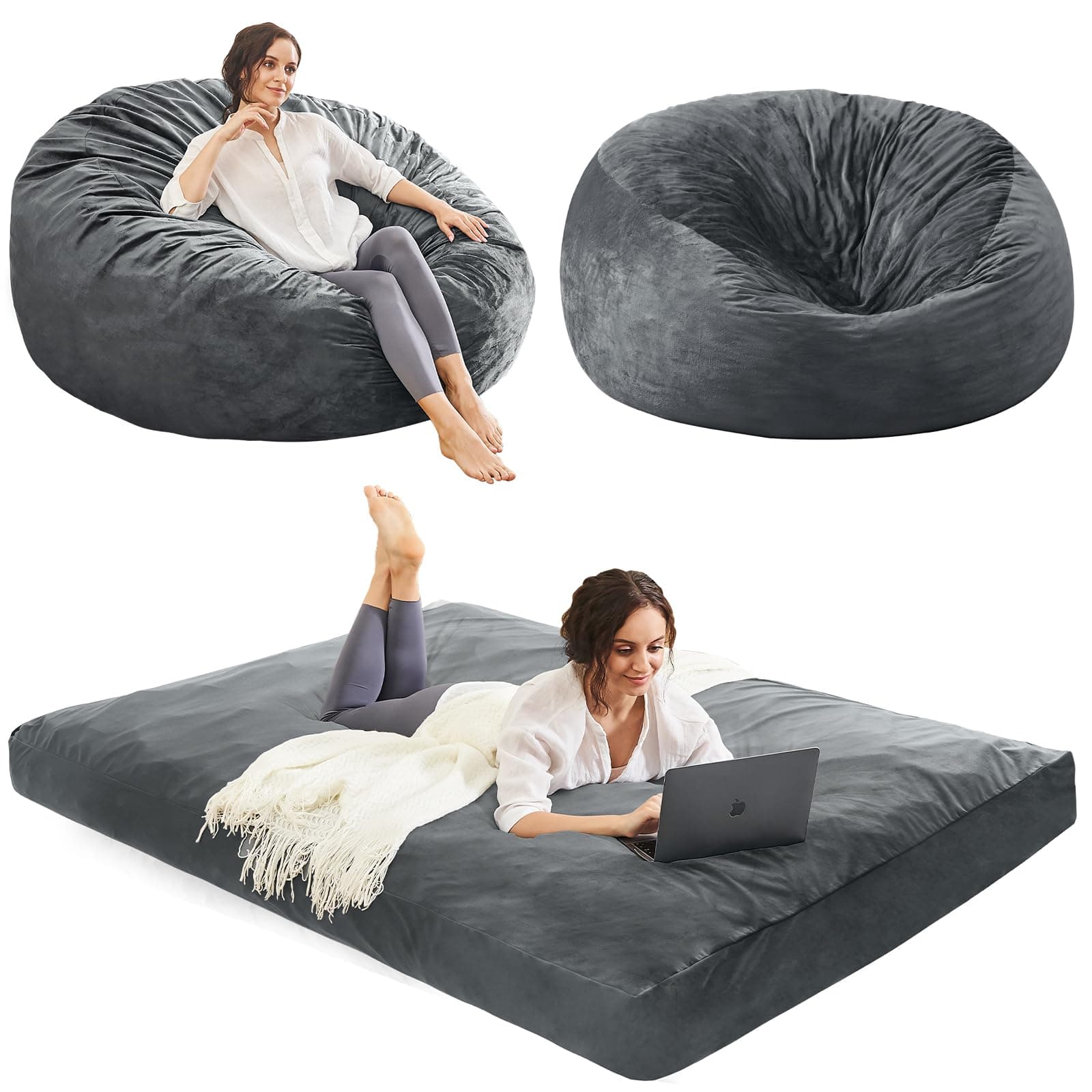 Giant Convertible Bean Bag Chair for Adults - Full Grey