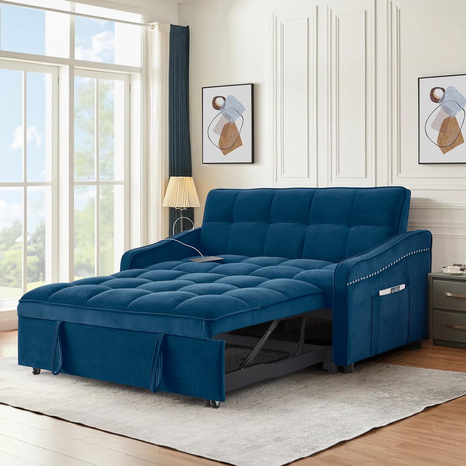 Modern 3-in-1 Sleeper Sofa with USB & Type C Port, 52 Small Velvet Loveseat Bed for Small Spaces - Blue
