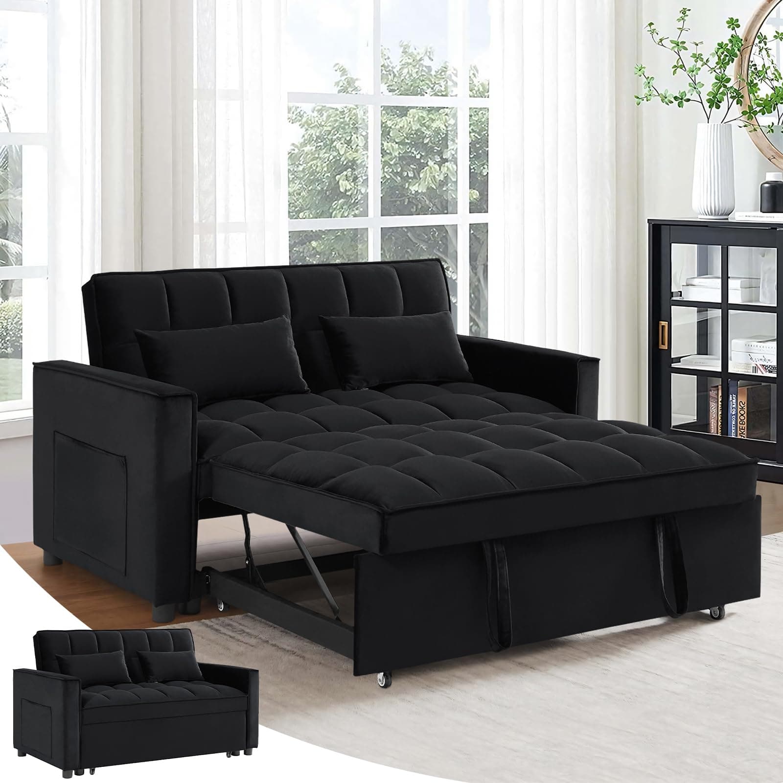 Antetek Modern Velvet Sleep Sofa Bed, Reclining Backrest, Pullout Bed, Living Room Furniture, Black