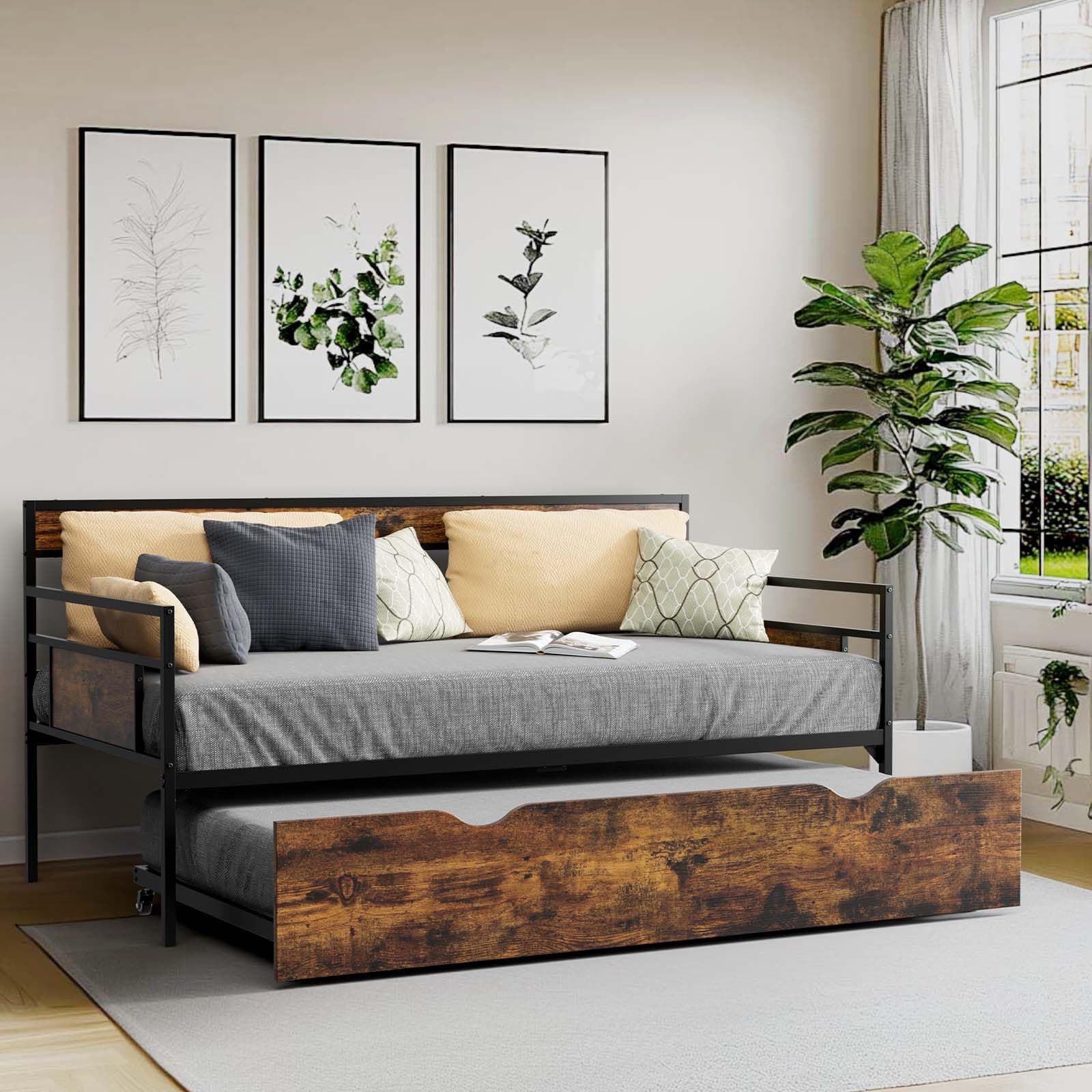 Twin Daybed with Trundle, Rustic Metal Frame, Saving Space Living Room Bed
