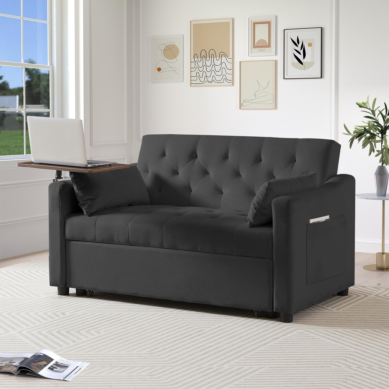 3-in-1 Loveseat Sleeper with 360° Rotating Table, Black