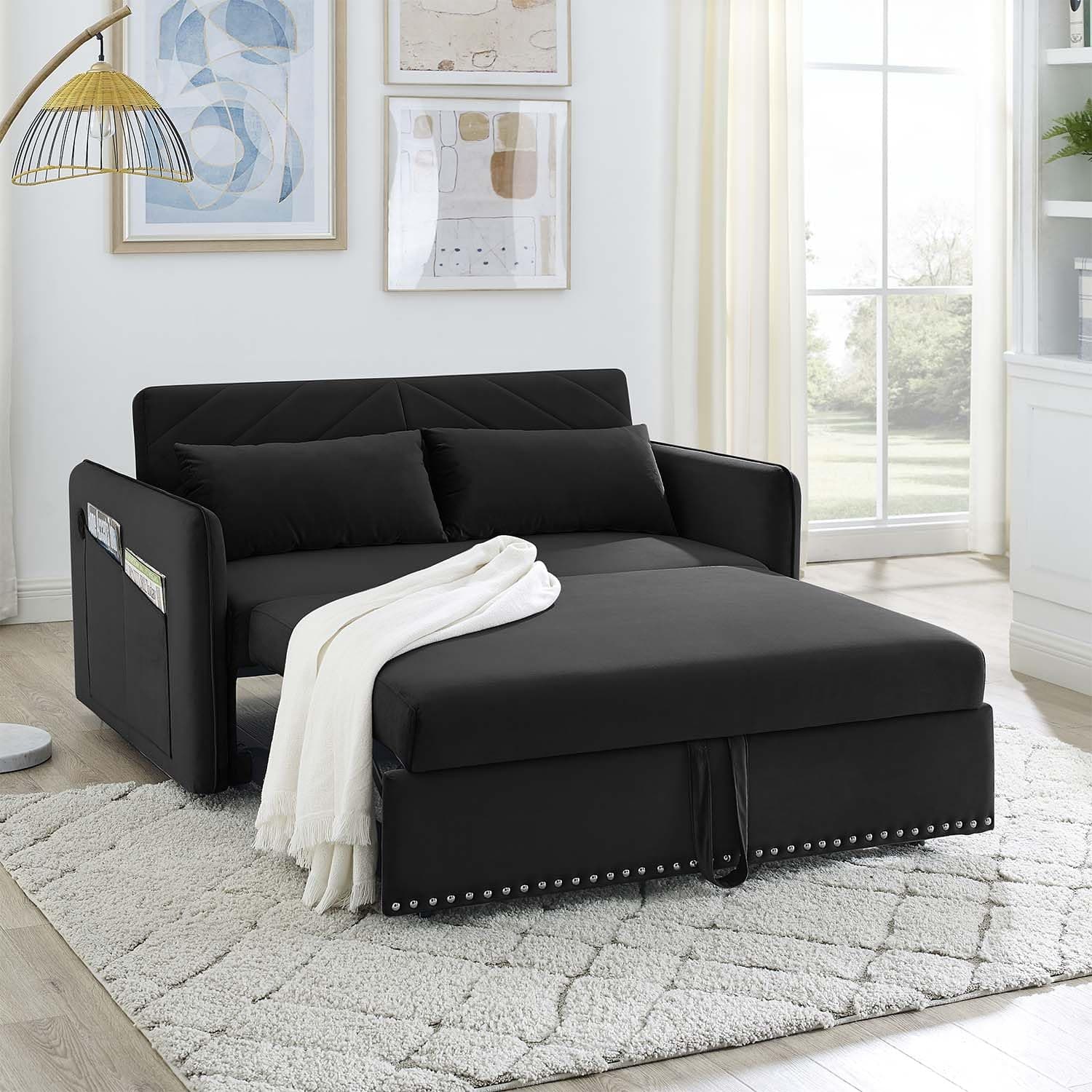 Modern Velvet Sleeper Sofa Bed with USB Port, Small 3-in-1 Convertible Loveseat Couch for Small Spaces, Black
